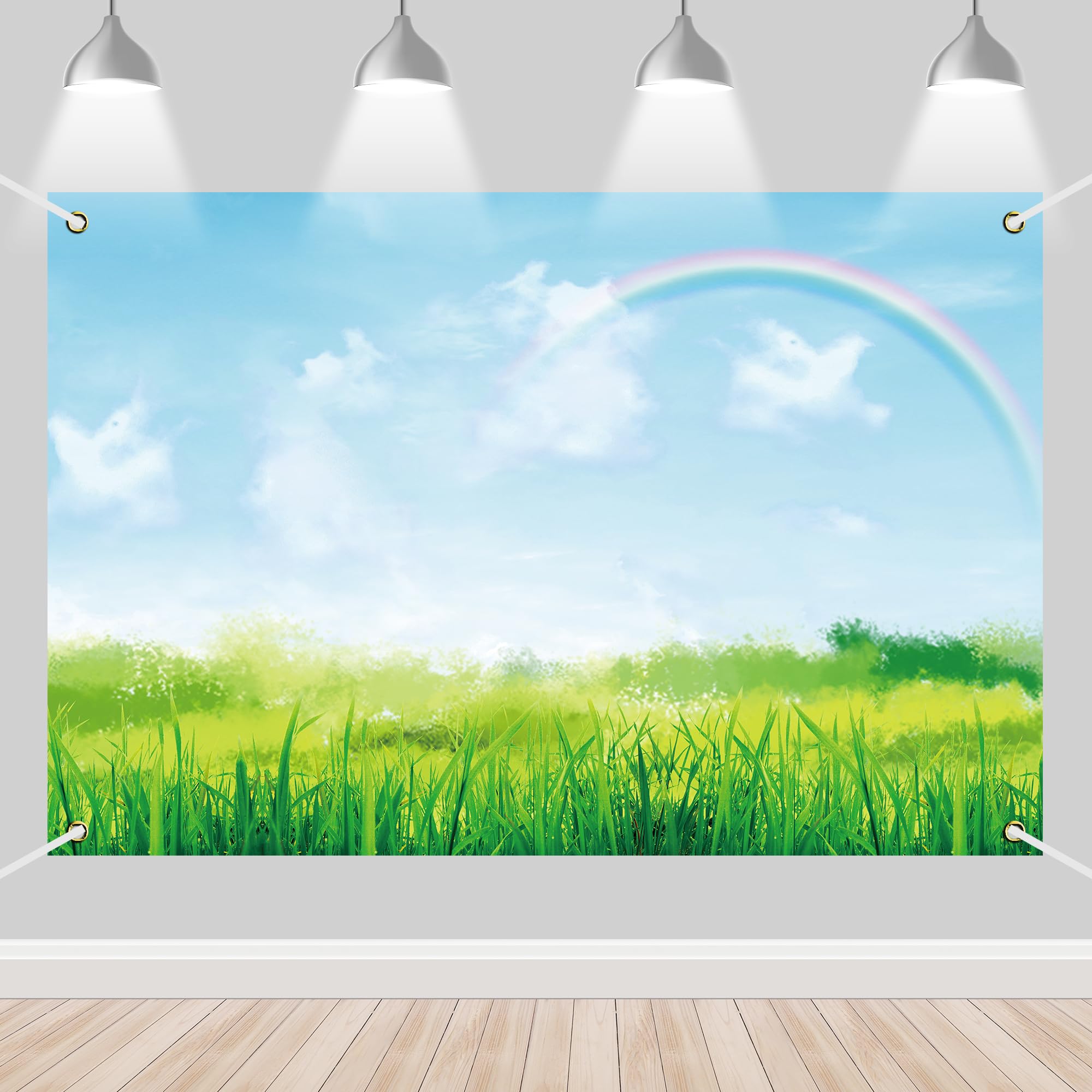 Spring Grassland Photography Background Sky Cloud Rainbow Green Grass Backdrop Banner for Newborn Baby Shower Kids Boys Girls Birthday Party