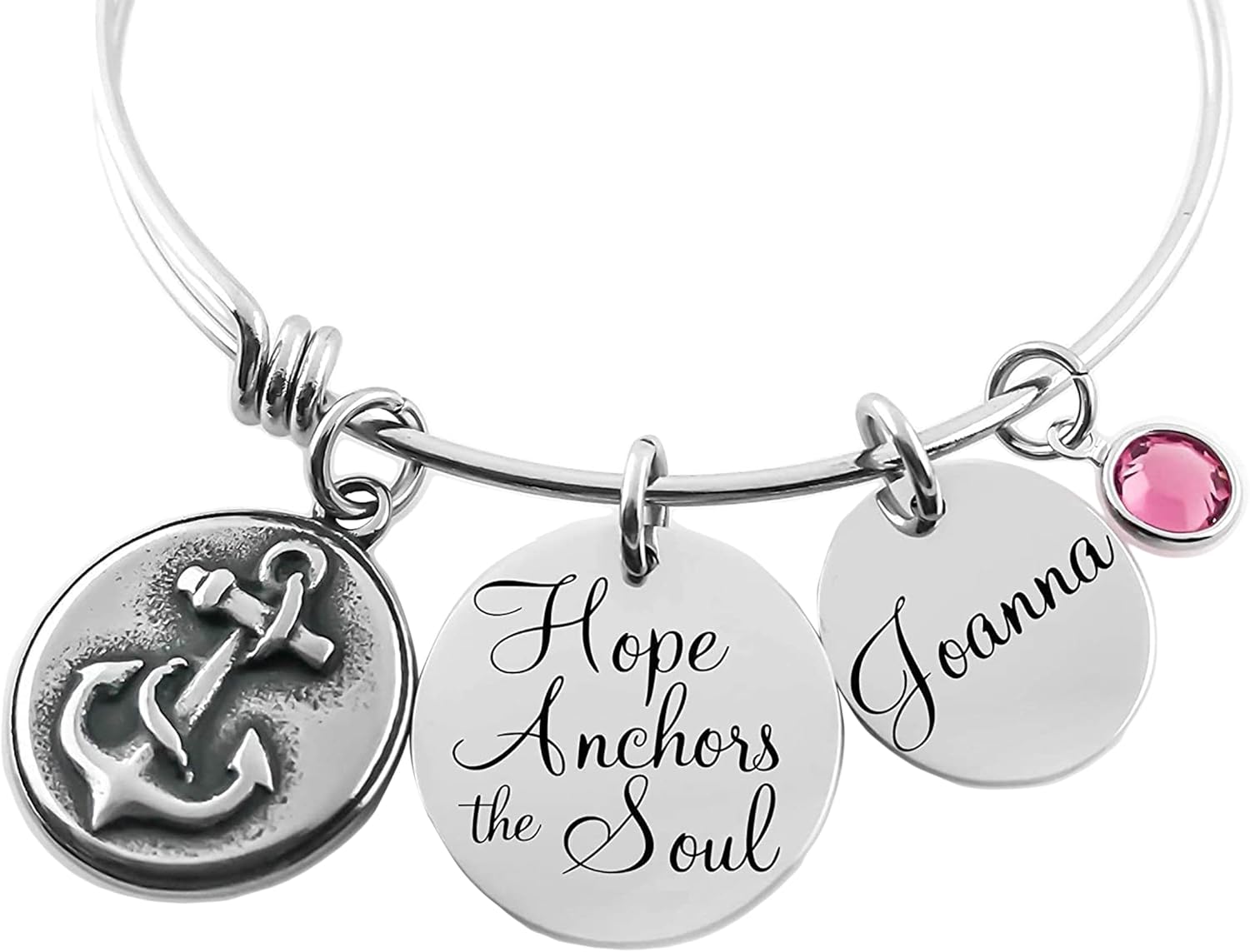 Hope Anchors the Soul Bracelet – Personalized Anchor Bangle with Name Disc & Birthstone – Custom Stainless Steel Expandable Bracelet – Inspirational Gift for Women, Faith Jewelry, Mothers Day Gift