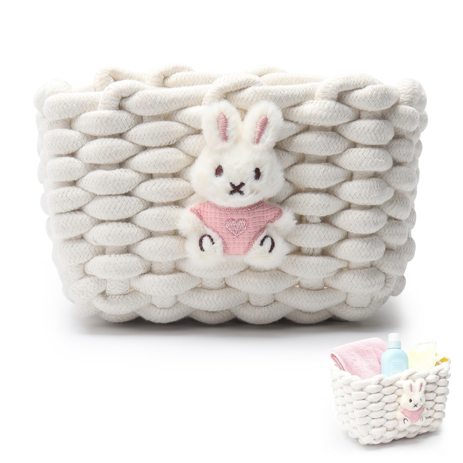 Chanxiuzai White - Rabbit Woven Cotton Wicker Storage Basket With Bear Motif, White - Bathroom Organizer For Desk, Makeup Table, Cabinets, Bath, Kitchen (White - Rabbit)