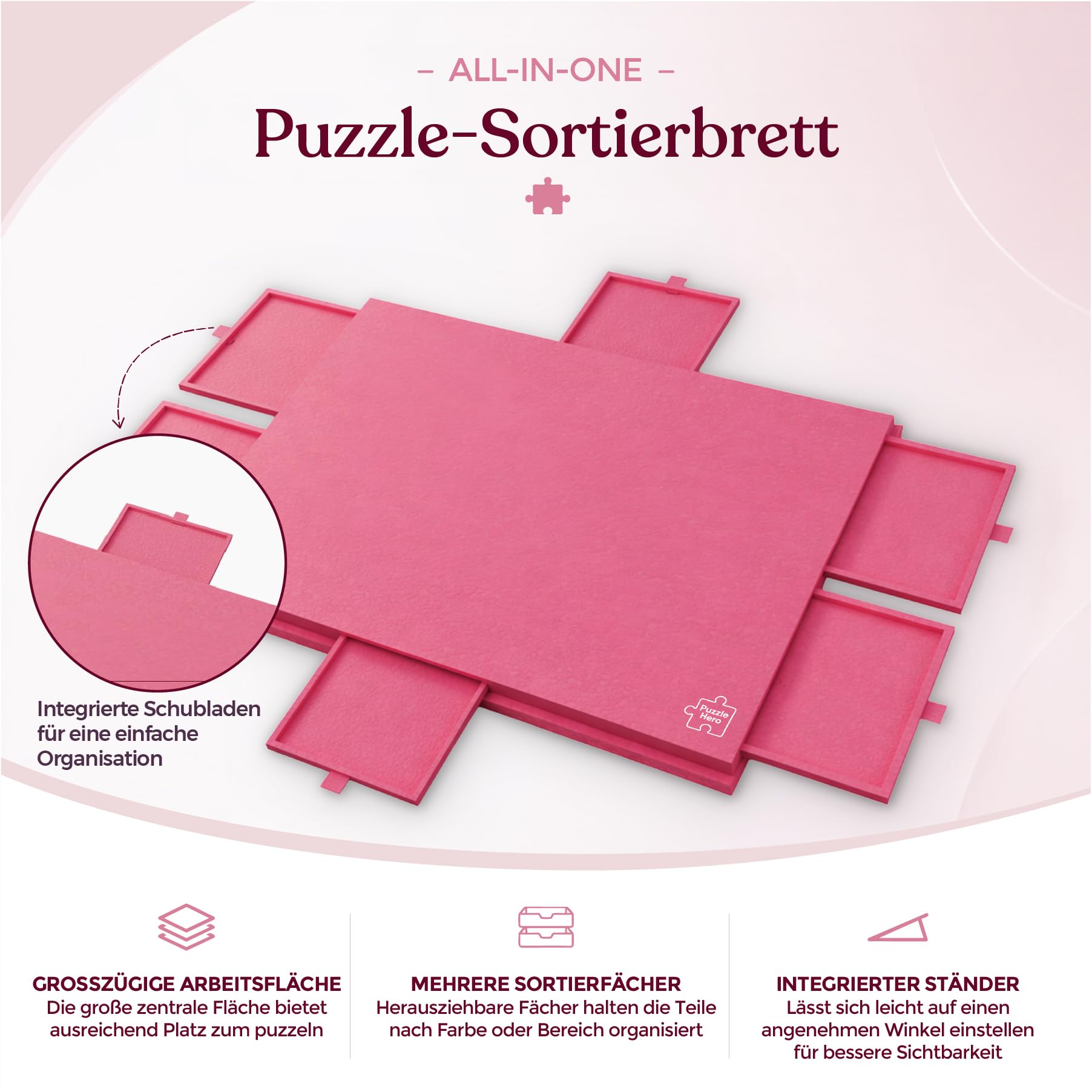 Tavola per puzzle fino a 1500 pezzi, NUOVO con piastre rinforzate da 0,88 cm, inclinabile, pieghevole, leggero, tavolo per puzzle portatile in feltro, 6 cassetti di smistamento, contenitore pieghevole