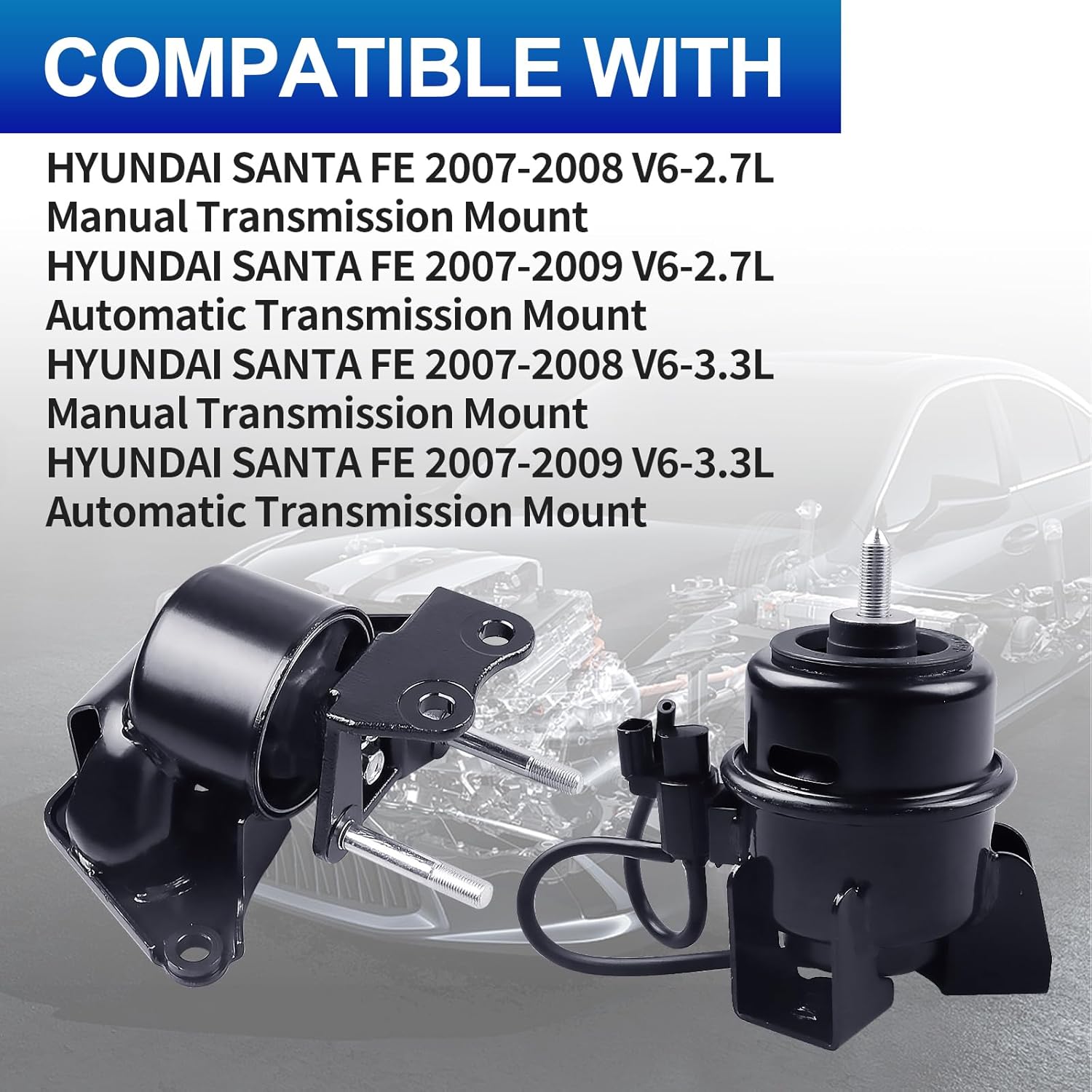 Engine Motor Mounts Set - Compatible with Hyundai Santa FE 2007 2008 V6 2.7L 3.3L Manual, 2007-2009 V6 2.7L 3.3L Auto, Replace# A7175 A71073