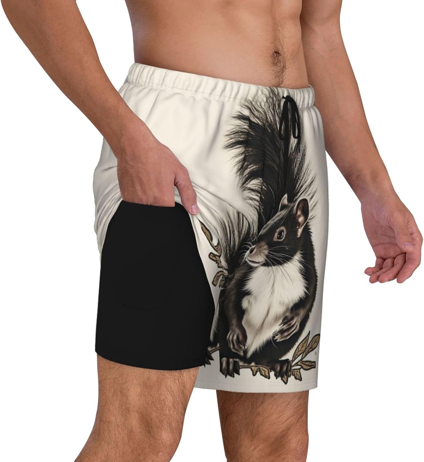 Men's Swim Trunks 2 in 1 Quick Dry Bathing Suits Skunk Beach Board Shorts Swimwear