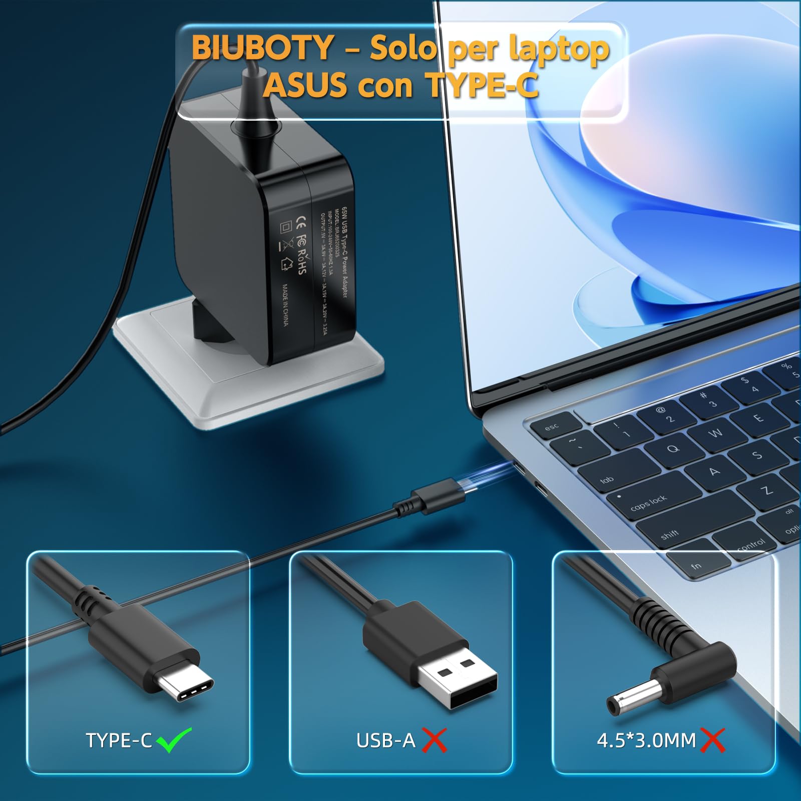 BIUBOTY Alimentatore USB C 65W 20V 3.25A Compatible con Macbook Pro/Air, HUAWEI Matebook, Lenovo Thinkpad Yoga, Xiaomi Air, HP ChromeBook, ASUS ZenBook caricatore per computer USB C