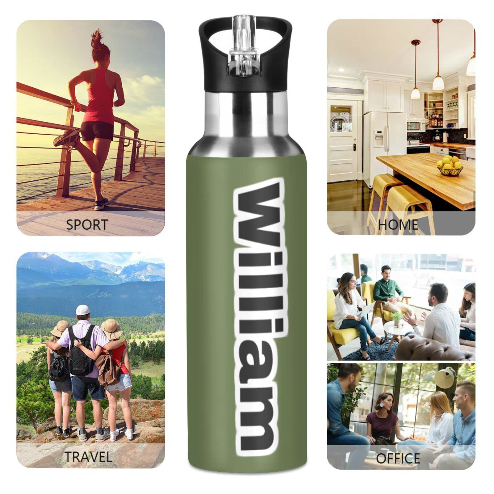 Isolierflaschen mit Griff, 900 ml, Olivgrün, auslaufsicher, mit Strohhalm-Deckel, Trinkflasche Thermoflasche für Wandern, Radfahren, BAP-frei