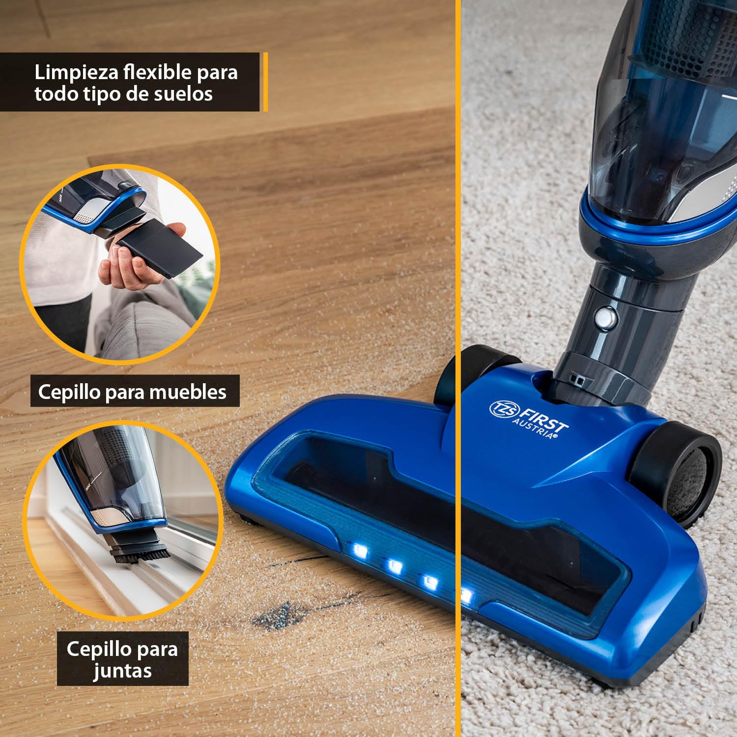 TZS First Austria Aspirador Escoba y de Mano 2 en 1 60 Minutos de autonomía | Cepillo para Suelos con luz LED | Cargador de Pared | Sin Bolsa | Inalámbrico