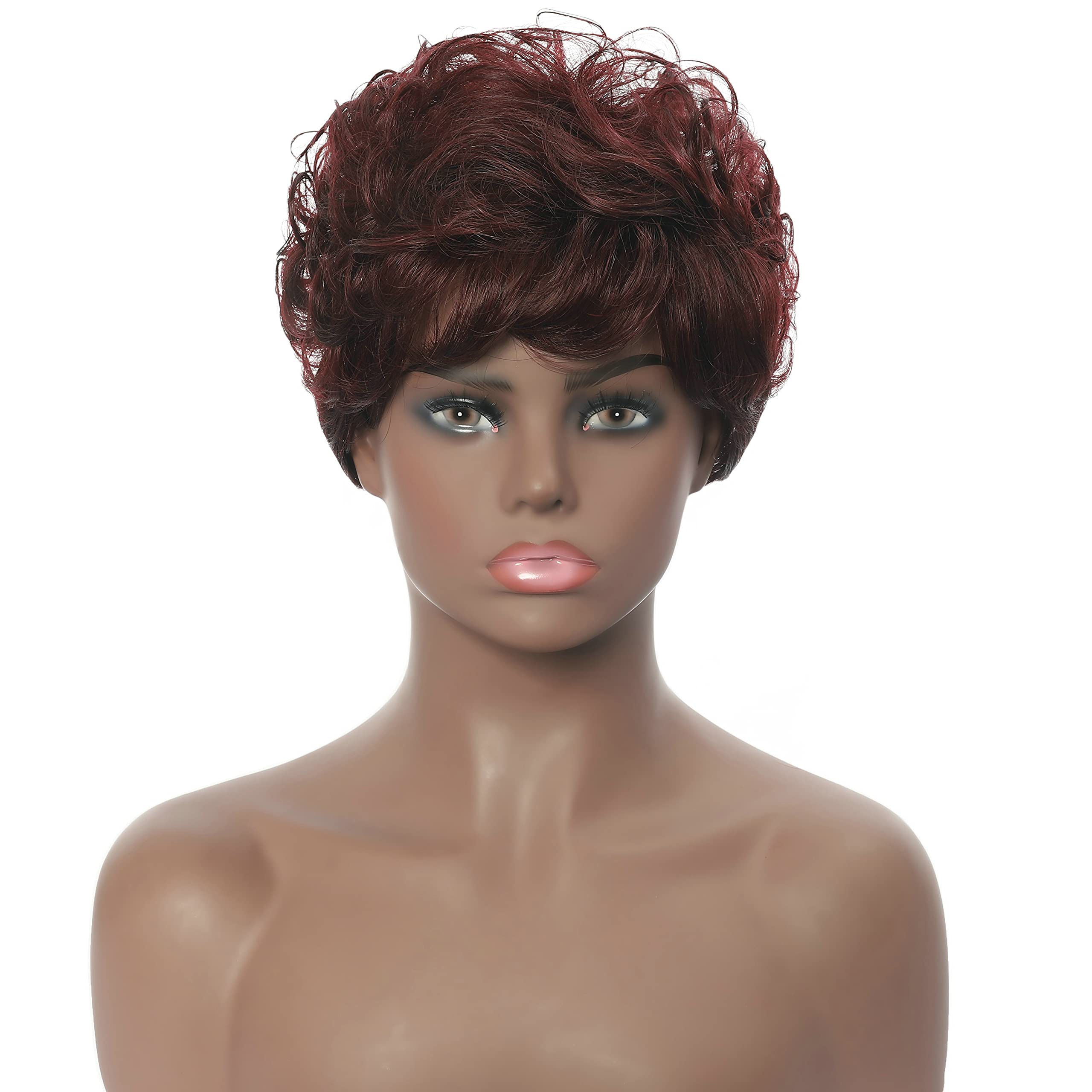 Human Hair Short Wigs Pixie Cut Wigs with Bangs Layered Wavy Wigs for Black Women Female Cosplay Theme Parties