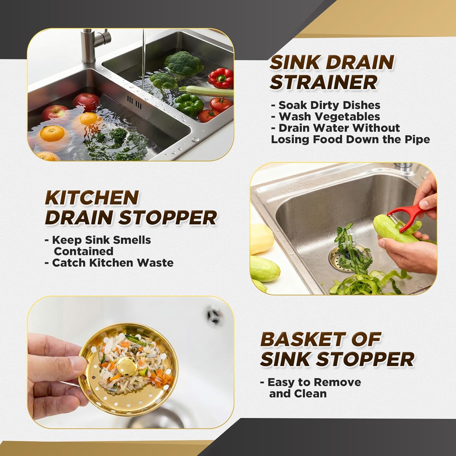 Hushee 2 Pcs 3.5 Inch Kitchen Sink Strainer Stopper Stainless Steel Garbage Disposal Plug Sink Drain Strainer Basket Stopper for Replacement(Brushed Gold)