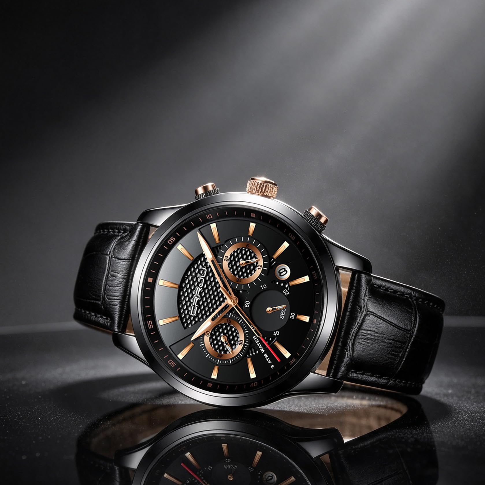 CRRJU Uhr Herren Schwarz Lederarmband Armbanduhr Chronographen Herrenuhr