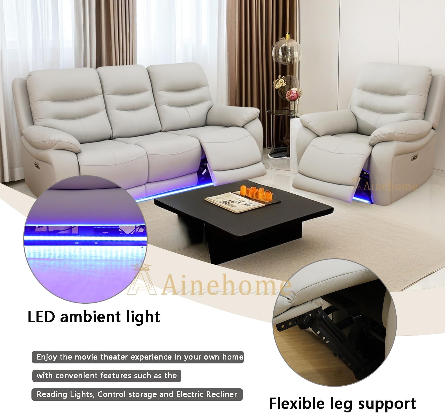 A Ainehome LED Power Recliner Sofa for Living Room Furniture Set, Leather Sectional Sofa Set, Recliner Chair Set Reclining Sofa and loveseat with USB Port/Storage Console/Cup Holders(Grey Sofa+Chair)