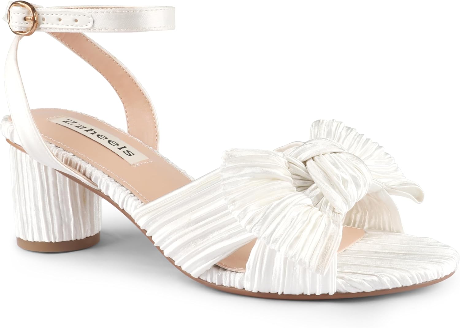 Zzheels Women's Bow Knot Heeled Sandals Open Toe High Block Ankle Strap Chunky Heels Bride Wedding Shoes