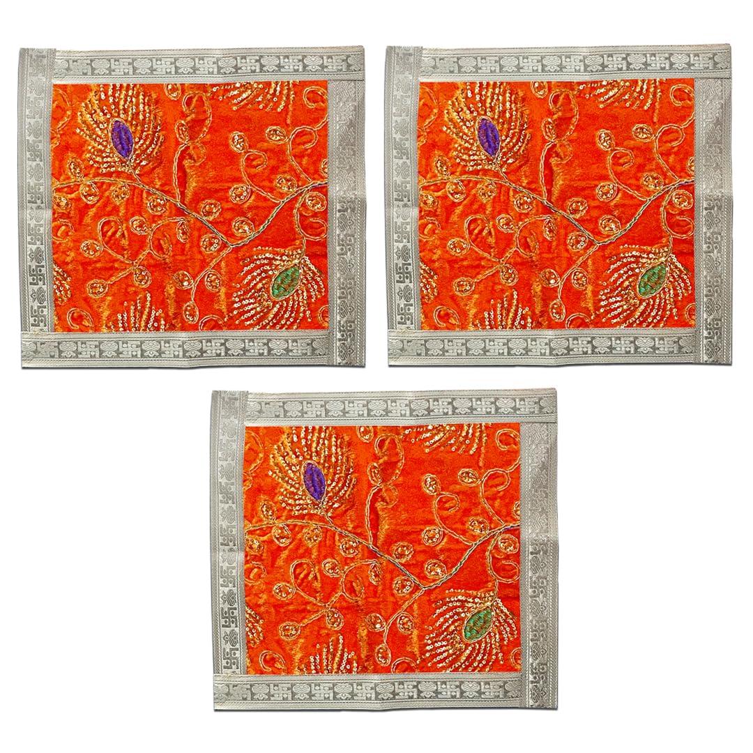 Aasanwala Set of 3 Orange Pooja Aasan Velvet Square Designer for Mandir, Temple home décor, slab, table décor (30 * 30 cm)-image-10