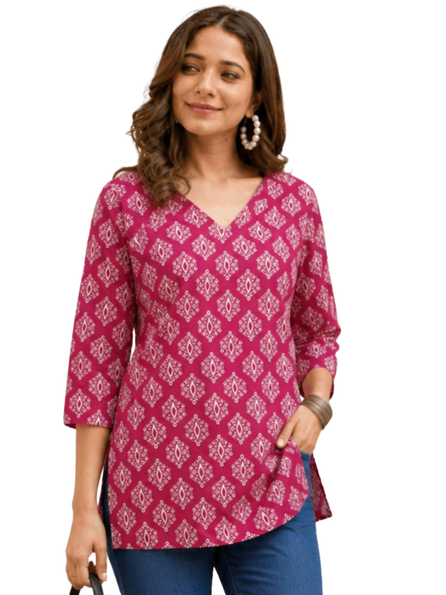 Rayon Printed Short Kurti for Women | V Neck Three Quarter Sleeves Kurta | Regular Fit Kurti | Hip Length | Side Slit Ethnic Tunic Top | Casual and Office Wear-picture-17