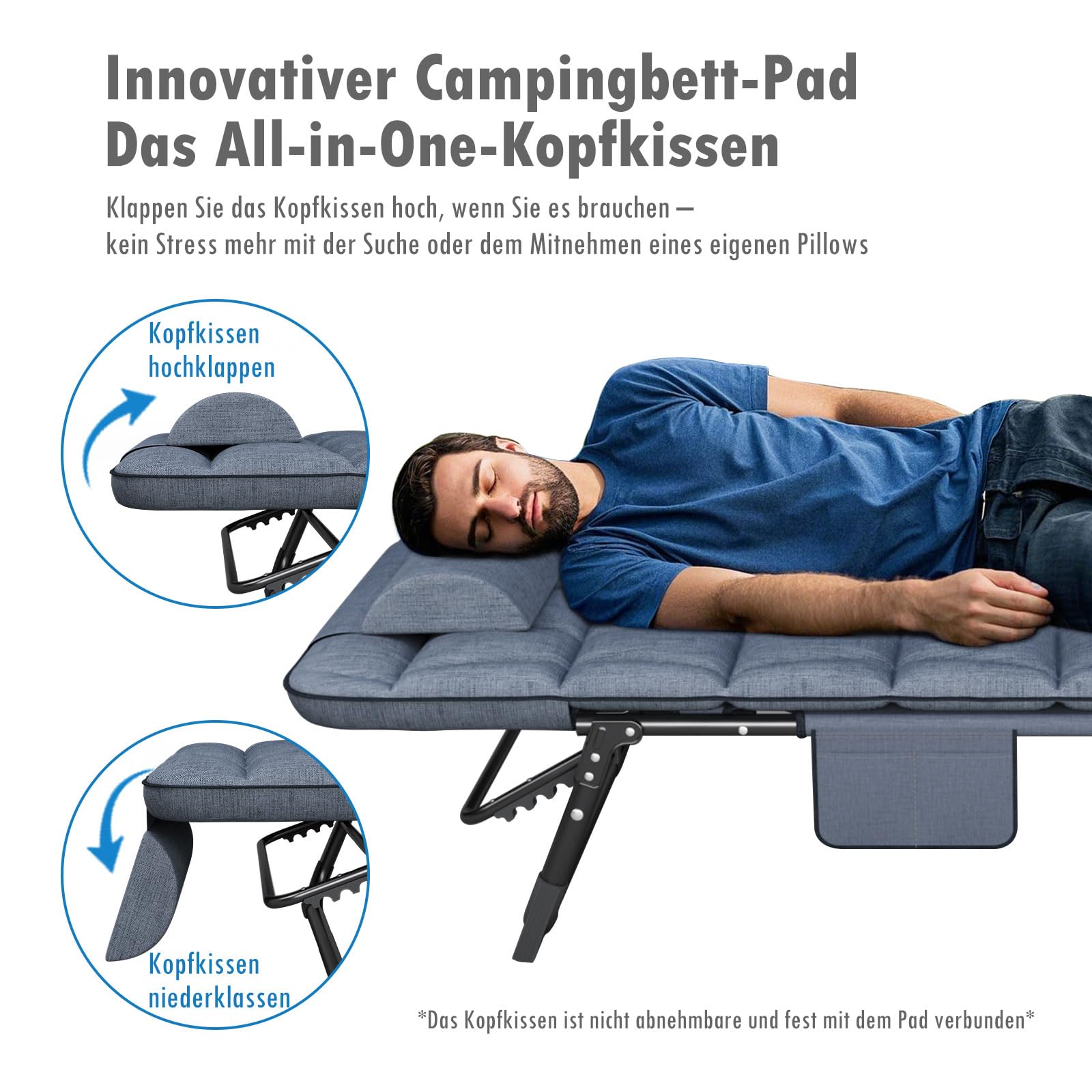 ATORPOK SHOP klappbare Sonnenliege mit 4 Positionen verstellbaren Rückenlehnen, tragbare vielseitige Campingbett-Liegestuhl-Kombination für Garten, Pool, Patio, gepolsterter Matratze & Kissen - Blau