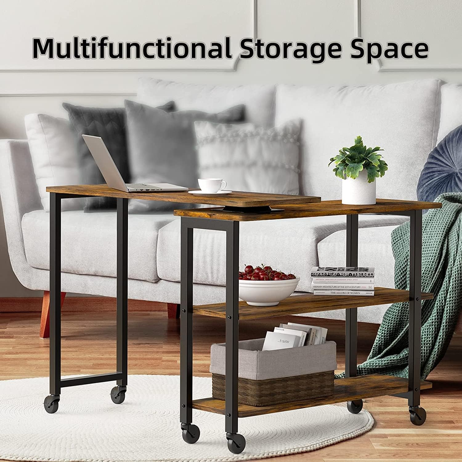 IDEALHOUSE 360 Rotatable Sofa Side Table with 2-Tier Storage Shelves, Movable Laptop Table with Sturdy Metal Frame, Couch Snack Table for Home, Rustic Brown