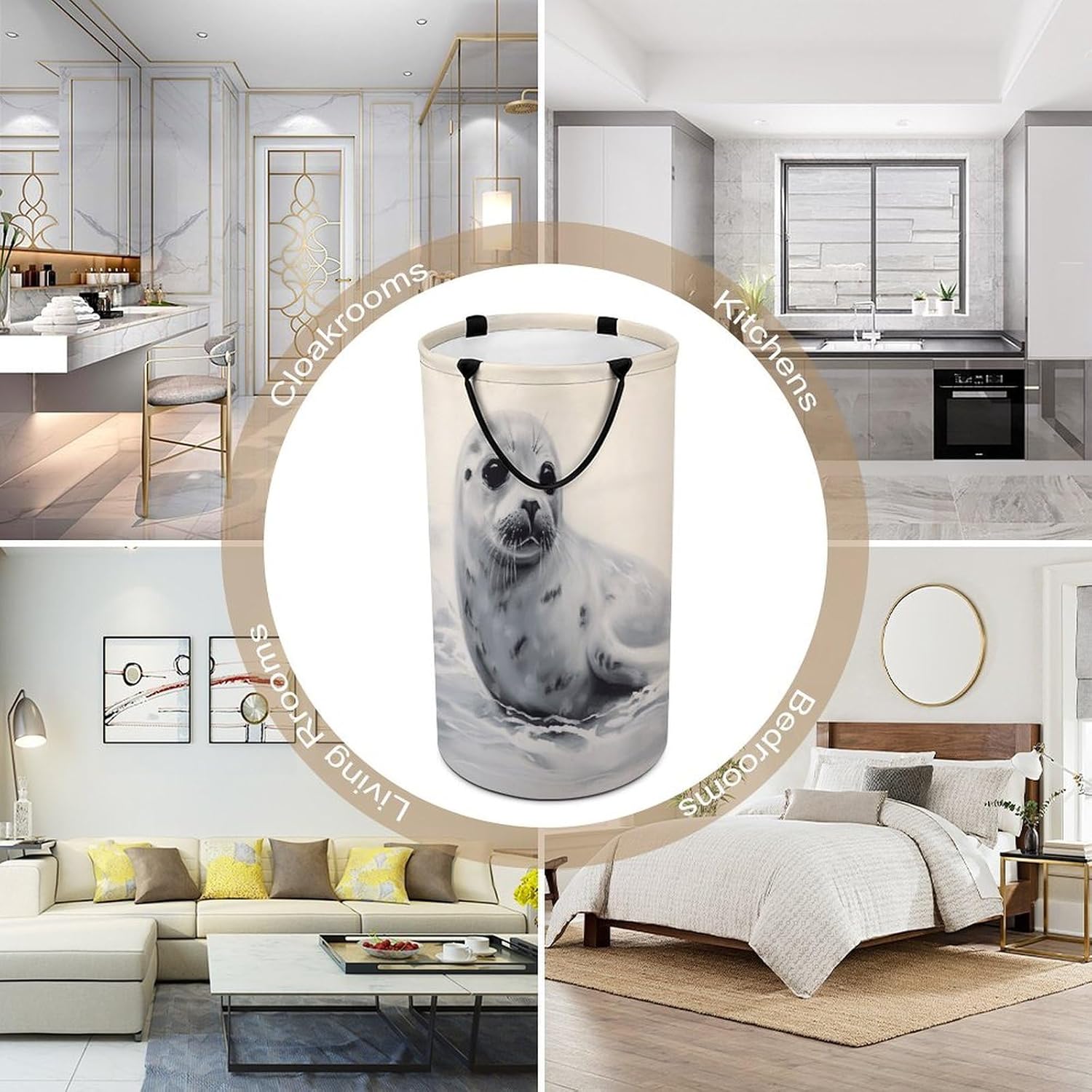 Harp Seal Painting Laundry Hamper with Handles Waterproof Collapsible Laundry Basket Large Lightweight Round Dirty Clothes Hamper for Home Dorm Bathroom Decor