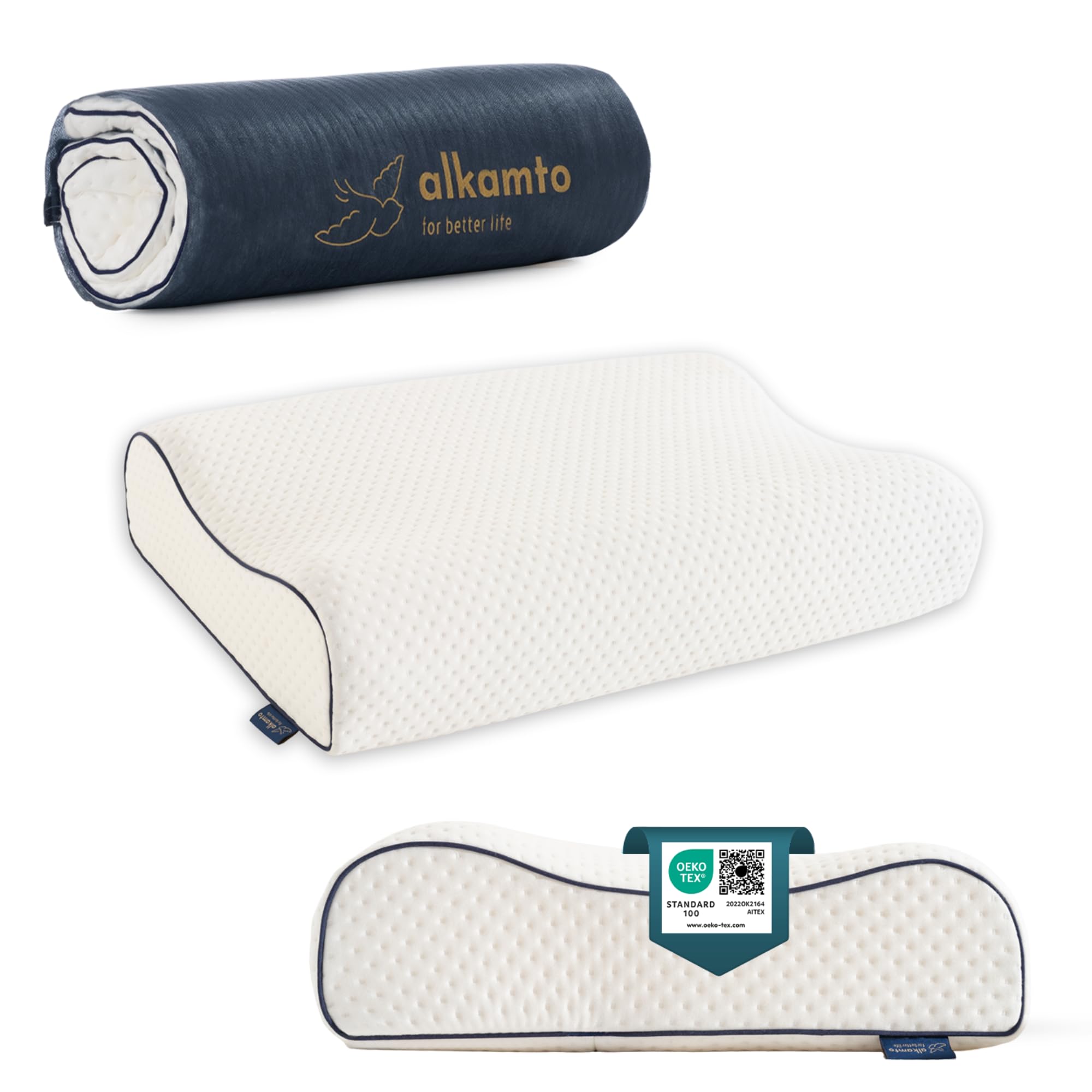 alkamto Cuscino da viaggio + cuscino da viaggio per il collo, supporto ergonomico per il collo, cuscino da campeggio in memory foam con federa termoregolante - Borsa da viaggio impermeabile inclusa