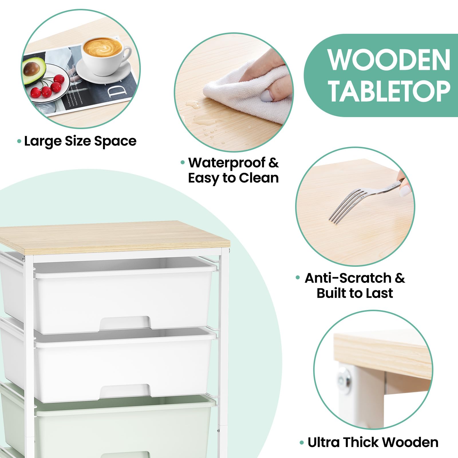 Rollwagen mit 6 Schubladen, Kunststoff, Rollwagen, Rollwagen auf Rädern mit Holztischplatte für Zuhause, Büro, Klassenzimmer, Make-up, Kunstbedarf, Aufbewahrungswagen, Schubladenwagen, Grün