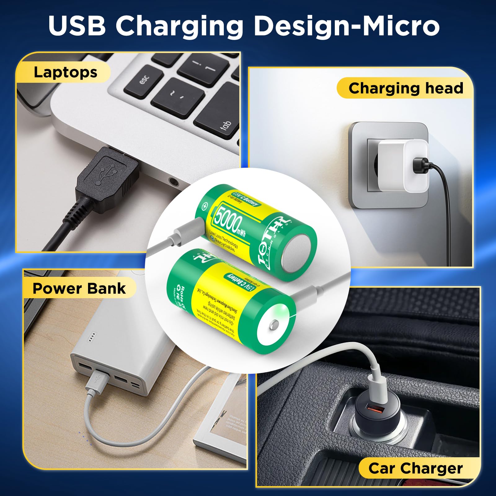 Lot de 6 Piles Rechargeables Baby C USB 2 en 1 au Lithium C, Piles C Li-ION, LR14 1,5 V de Taille C, 5000 mWh, pour Jouets d'inondation