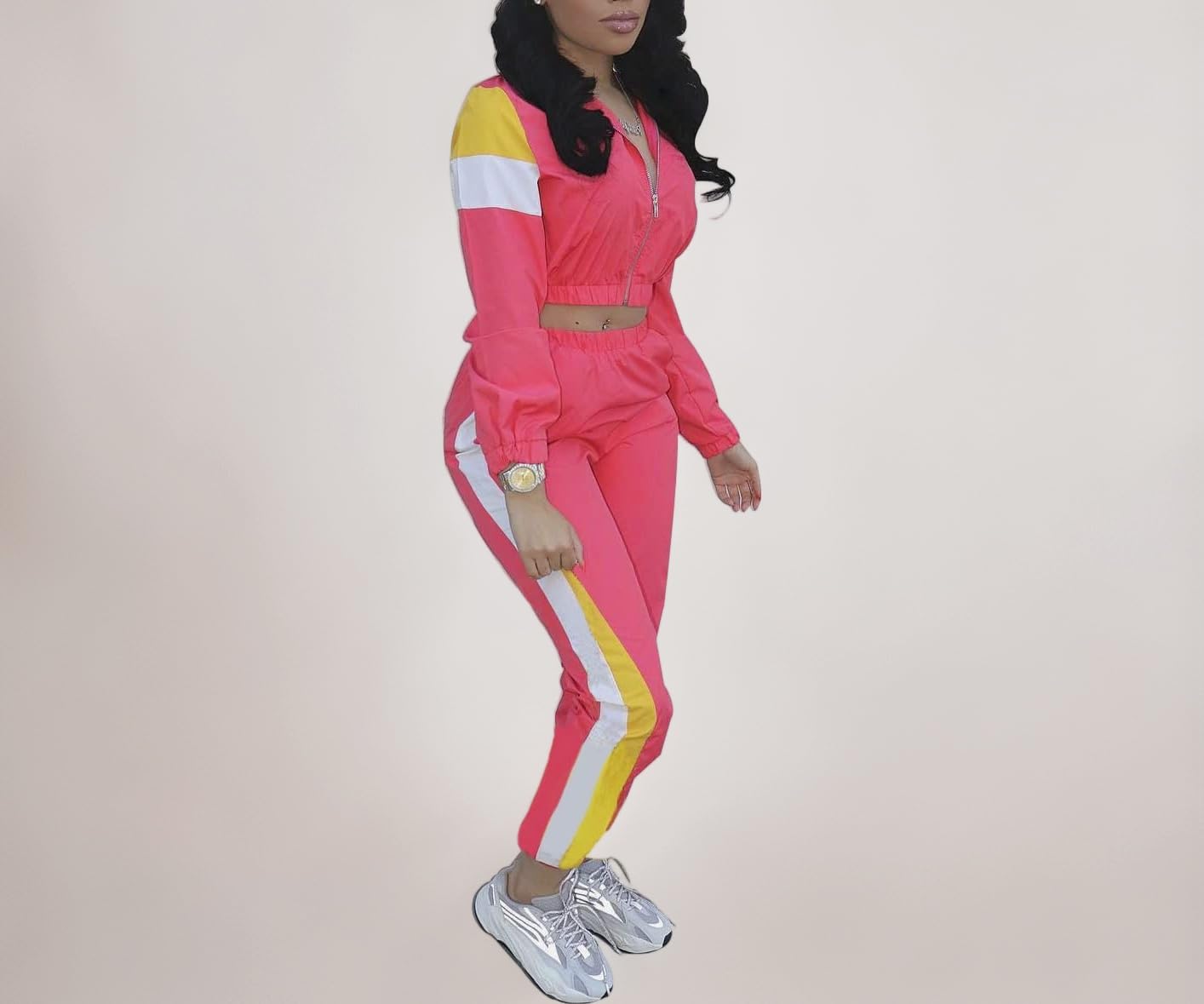Women Casual Tracksuit 2 Piece Zip Top and Elastic Waistband Pant Women Windbreaker Tracksuit Sets Pink Medium 4-6