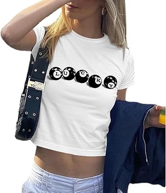 Graphic Baby Tees for Women Y2k 8-Ball Shirt Cute Crop Tops for Teen Girls Aesthetic Emo Clothes 2000s Grunge ShirtsWhite,S