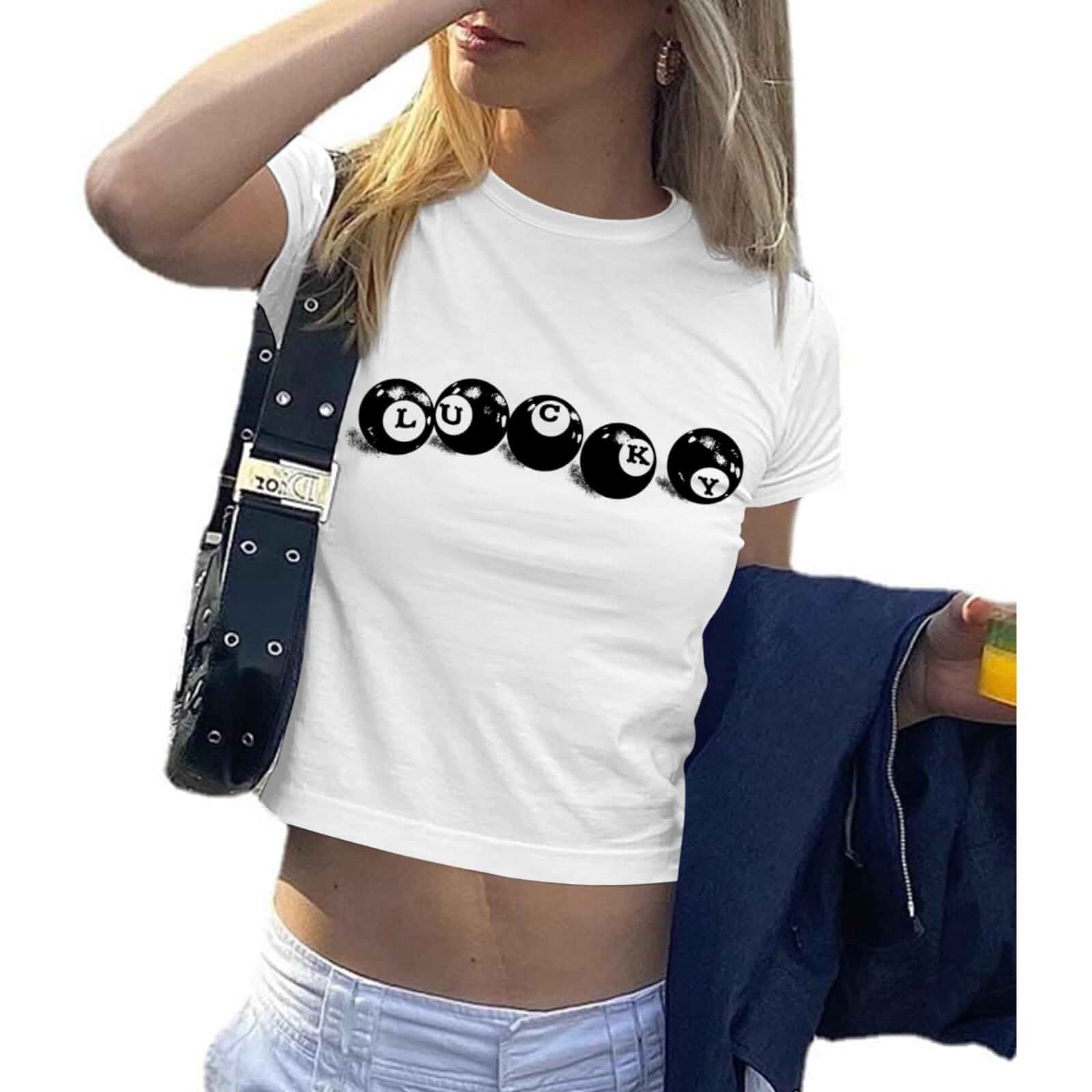 Kelxjia Graphic Baby Tees for Women Y2k 8-Ball Shirt Cute Crop Tops for Teen Girls Aesthetic Emo Clothes 2000s Grunge Shirts