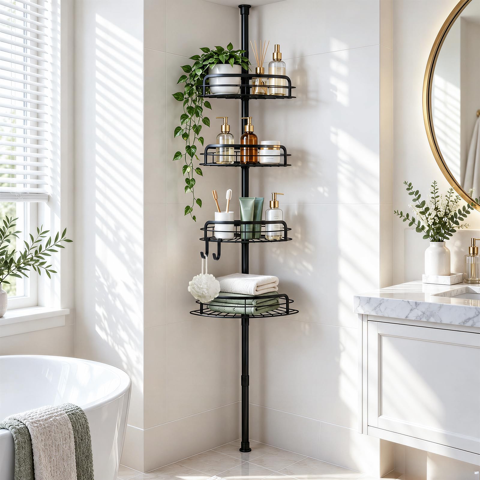 Cfyouend 4-Tier Rustproof Telescopic Corner Shower Caddy Organiser - Black
