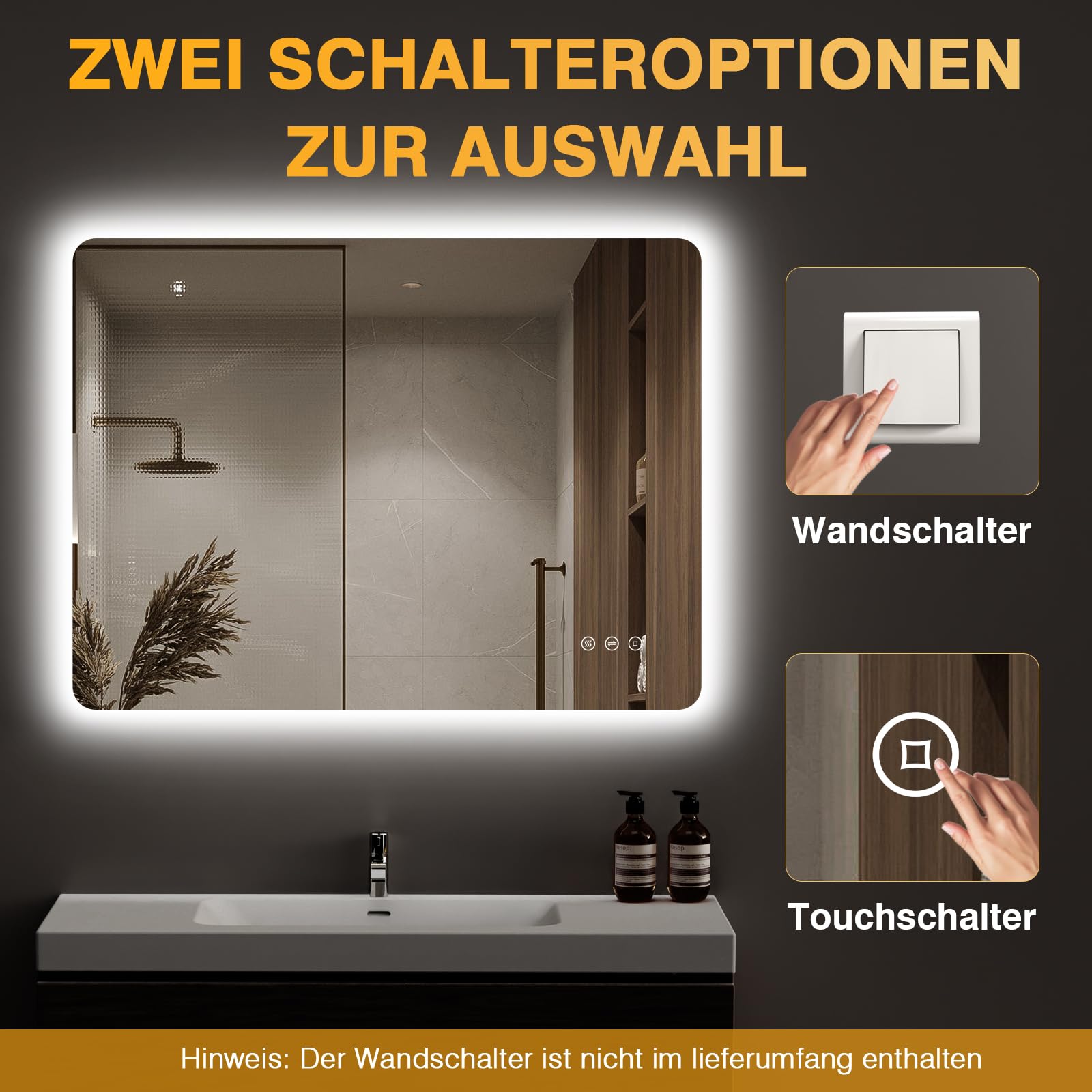 Habison Badkamerspiegel met verlichting, 60 x 80 cm, led-badkamerspiegel met bluetooth, anti-condens, touch-schakelaar, geheugenfunctie, 3 lichtpunten, dimbaar, geheugenfunctie, IP44 badkamerspiegel