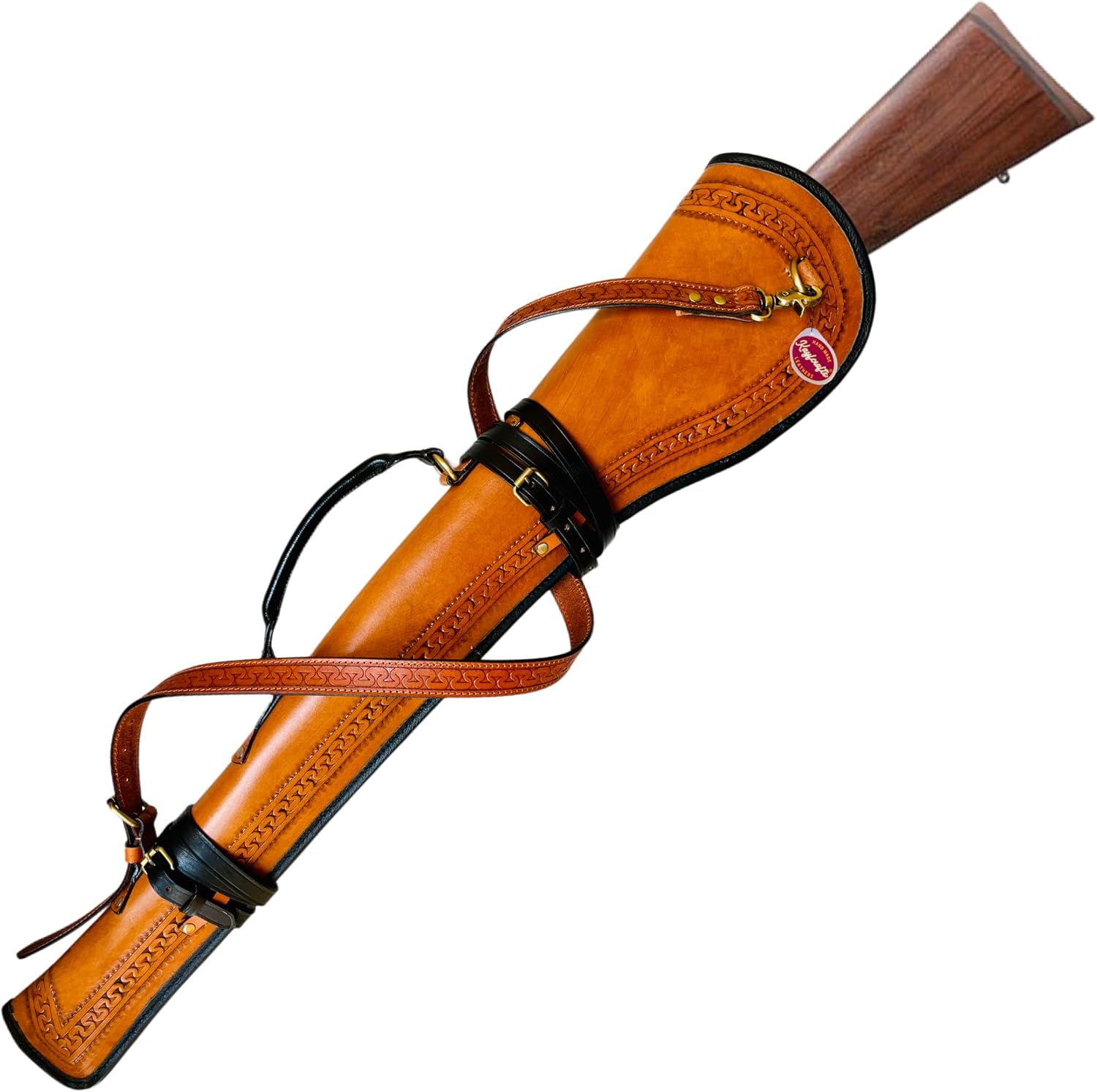 Full Grain Leather Rifle Scabbard with Fur Lining & Tooled Design Adjustable Shoulder Strap & Saddle Mounting Straps Antique Components Rounded Leather handle 33" Long Rifle cover carrying case
