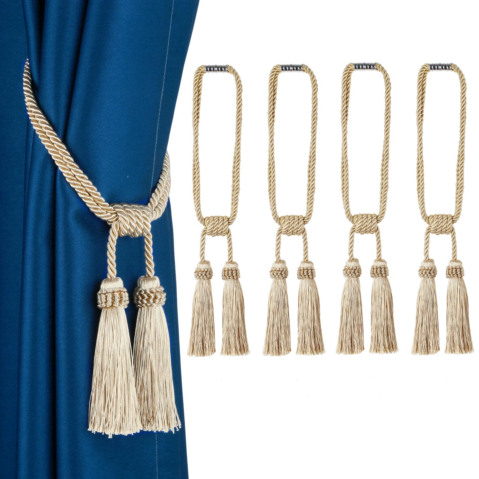Fenghuangwu Magnetic Curtain Tiebacks 4Pack Tassel Curtain Tieback Modern Handmade Tie Backs,Decorative Tassel Holdback for Draperies,Window Decor (4, Beige)