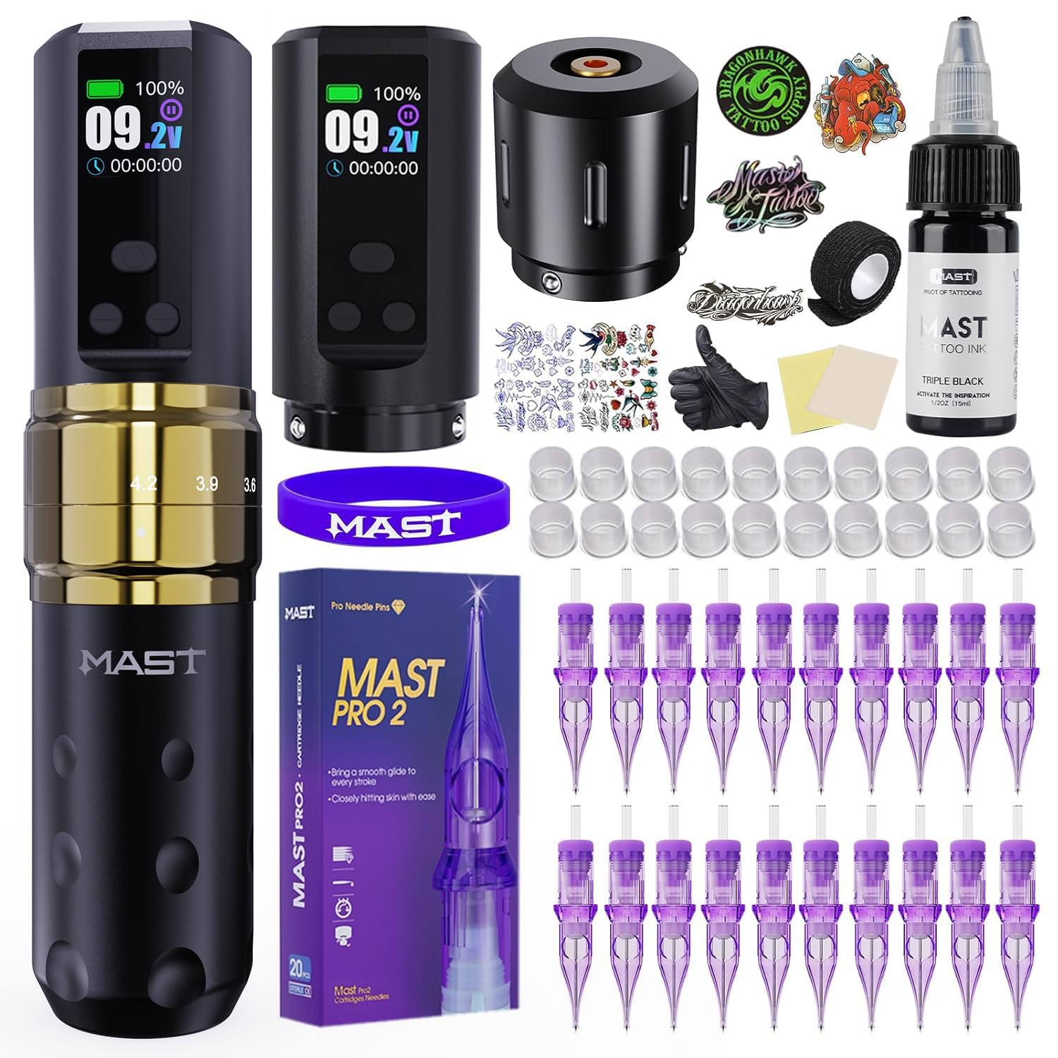 Mast Fold2 Pro Kit Tatouage Professionnel Sans Fil Machine à Tatouer Rotative Tattoo Machine Pen avec 2 Batteries 2000mAh, Connexion RCA, Aiguilles et Encre Doré | Set Complet