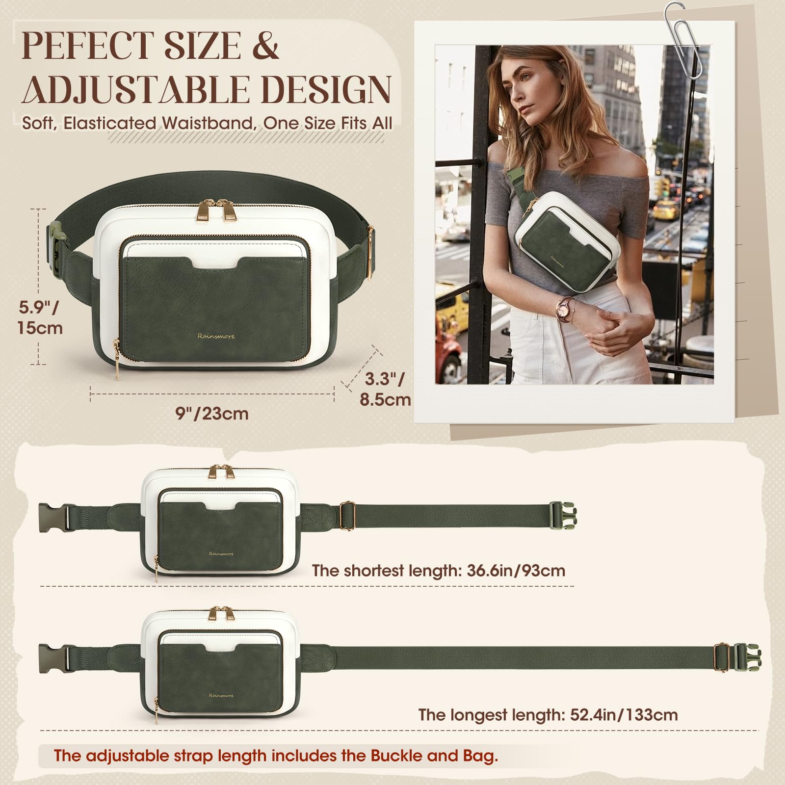 RAINSMORE Sacs banane pour femme, sac banane vintage en cuir Everywhere, Vert foncé avec blanc, Moyen
