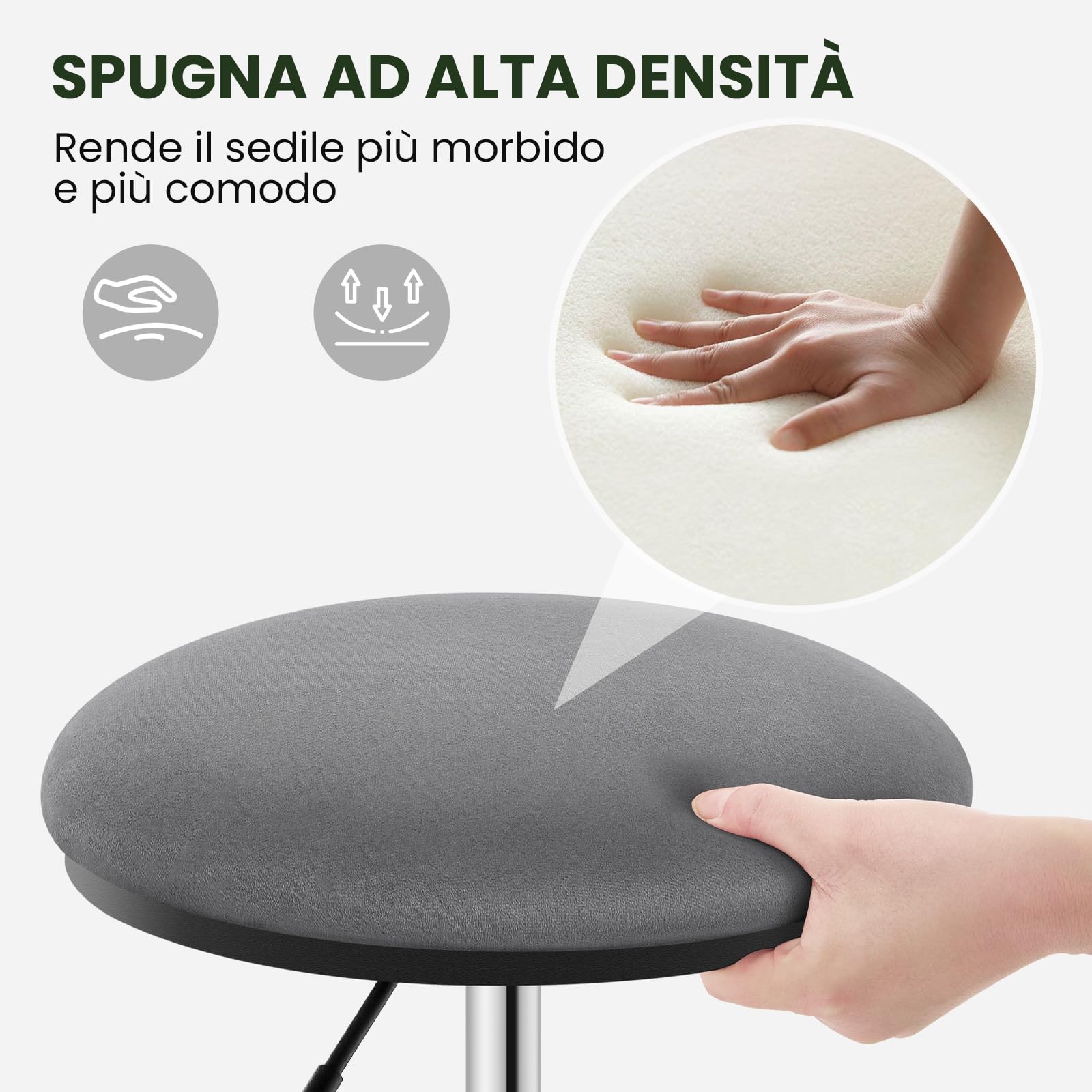 EUGAD Sgabello Rotondo con ruote, Sedia da trucco, Velluto, Grigio scuro | Regolabile in Altezza, Sgabello Girevole a 360°con Rotelle, per Camera da Letto Studio Soggiorno Cucina