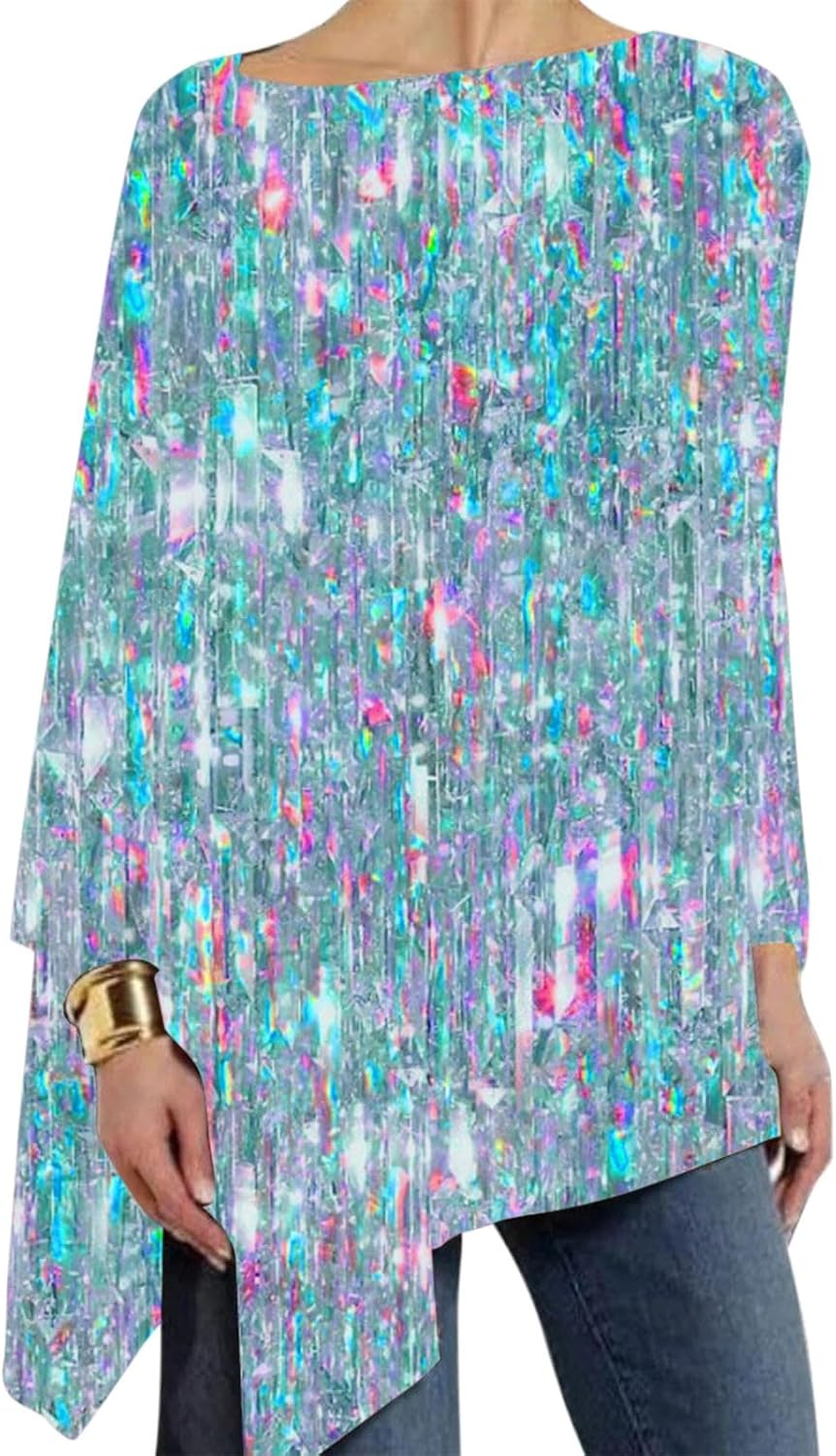 Sequin Tops for Women Sparkly Long Sleeve Asymmetrical Tunic Tops for
