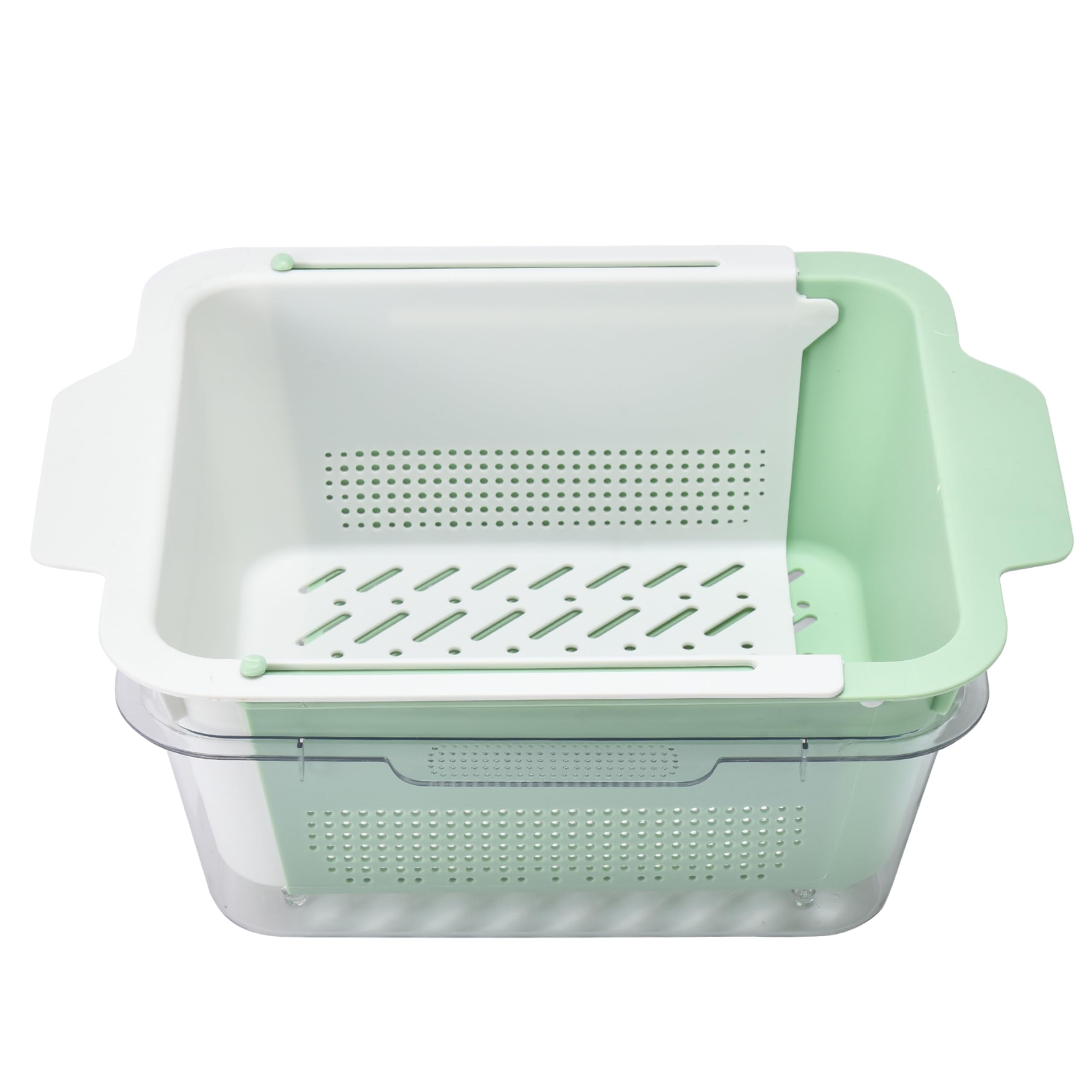 Nourished EssentialsKitchen Extendable Plastic Colander for Pasta, Potatoes, Beans, Broccoli, Salad and Vegetables - Space-saving, Easy to Store and Use - Grey/Green