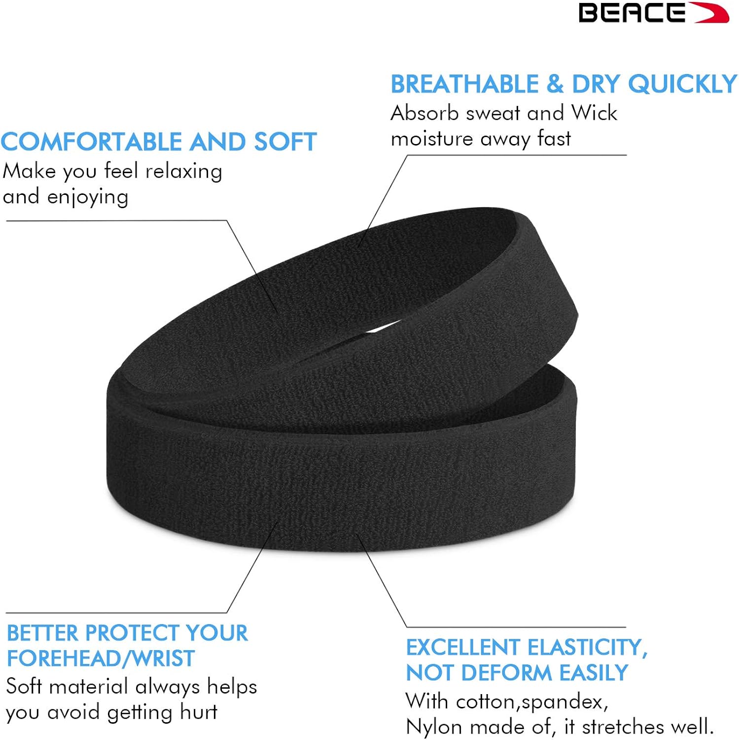 BEACE Sweatbands Sports Headband for Men & Women - Moisture Wicking Athletic Cotton Terry Cloth Sweatband for Tennis, Basketball, Running, Gym, Working Out: Clothing