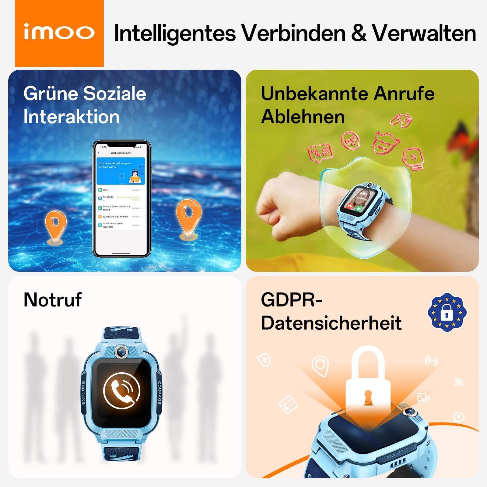 imoo Z3 Kinder-Smartwatch, 4G Sprachanruf, 1,5″ HD-Bildschirm, Wasserbeständig bis 20 m, 8 GB großer Speicher, Klassenmodus & Schlafmodus mit Zubehörset(Blau)