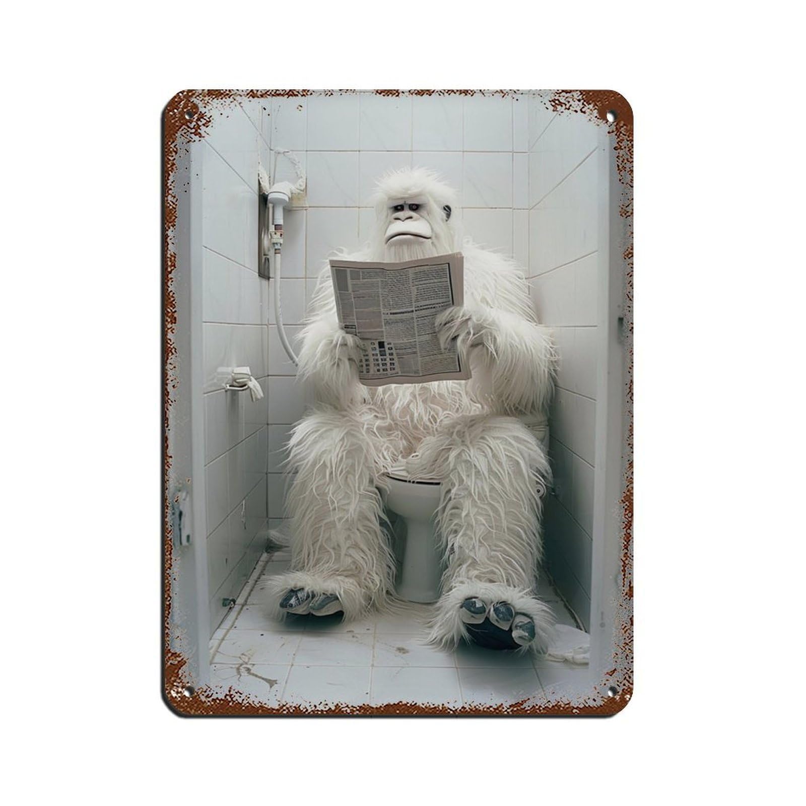 Yeti Sitting on The Toilet Reading A Newspaper (11) Retro Poster Metal Tin Sign Chic Art Retro Iron Painting Bar People Cave Cafe Family Garage Poster Wall Decoration 12x16inch(30x40cm)
