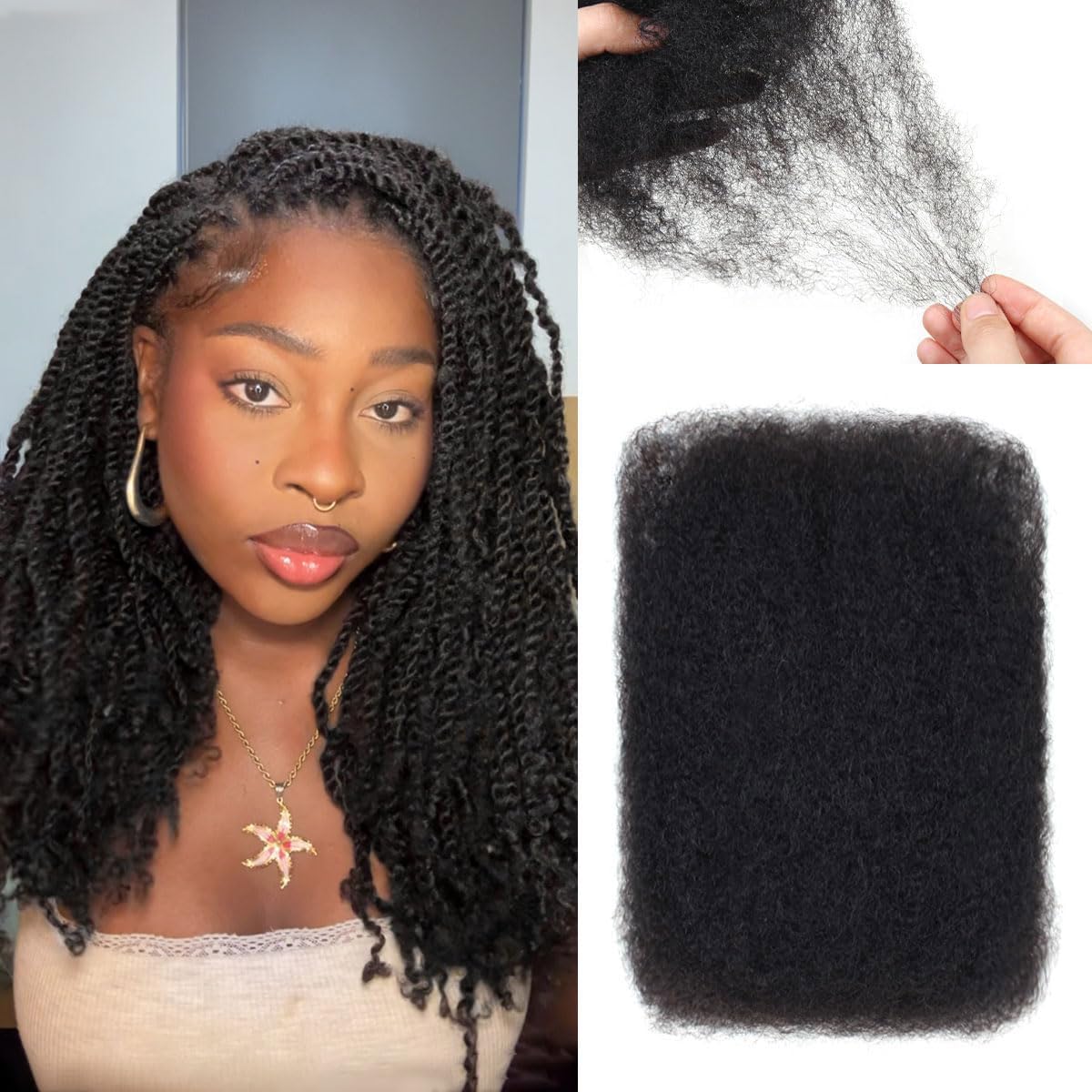 Afro Kinky-Curly Human Hair Bulk for Twists, 18 Inch 50g Bulk Hair for Dreadlock Extensions Repair Locs Braiding, 100% 4C Human Bundles Hair(Black)