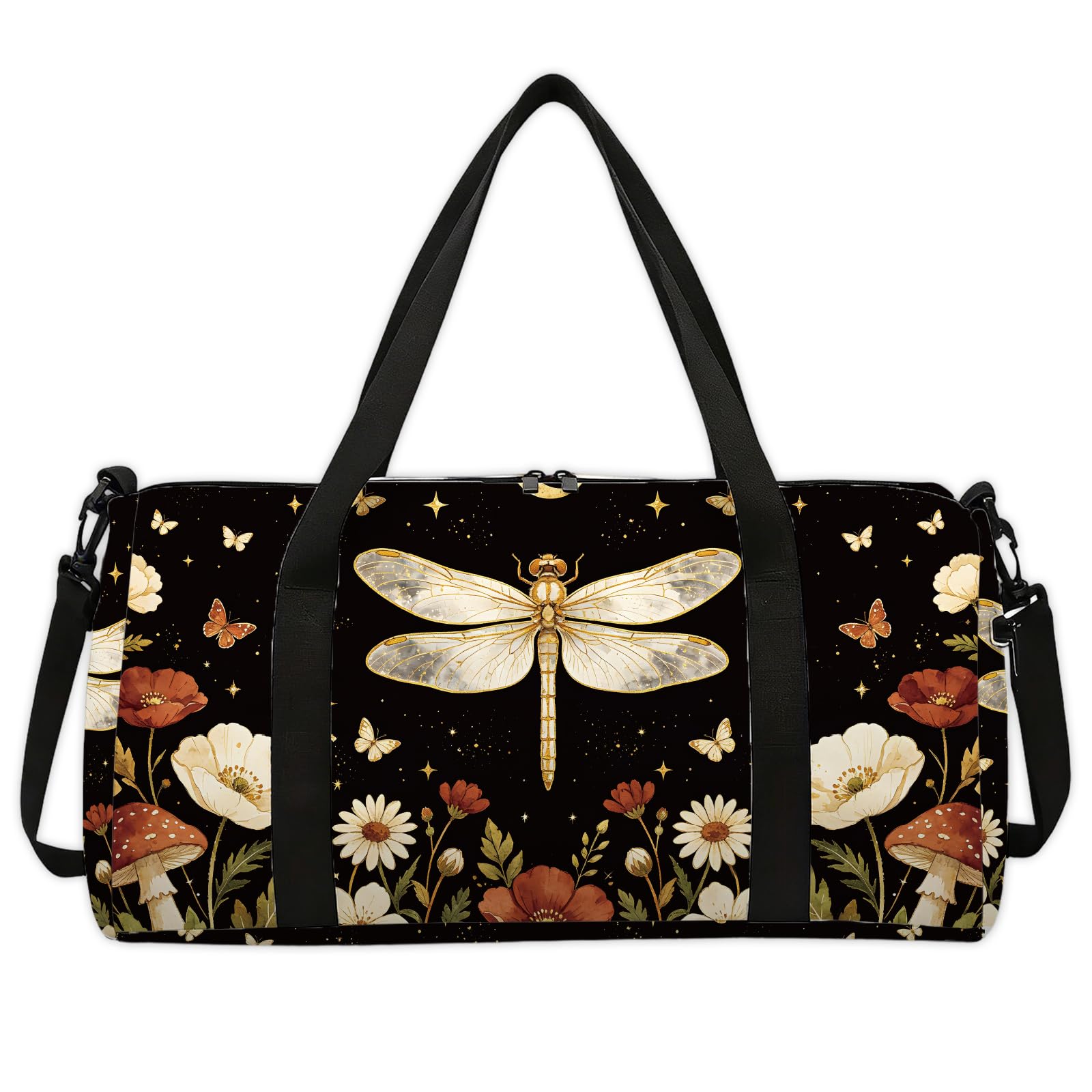 CONCHLERY Dragonfly Patterns Sports Gym Bag Insect and Flowers Duffel Bags Foldable Gym Bag for Men Women Travel Workout Fitness, 17.7x7.87x9.44inches