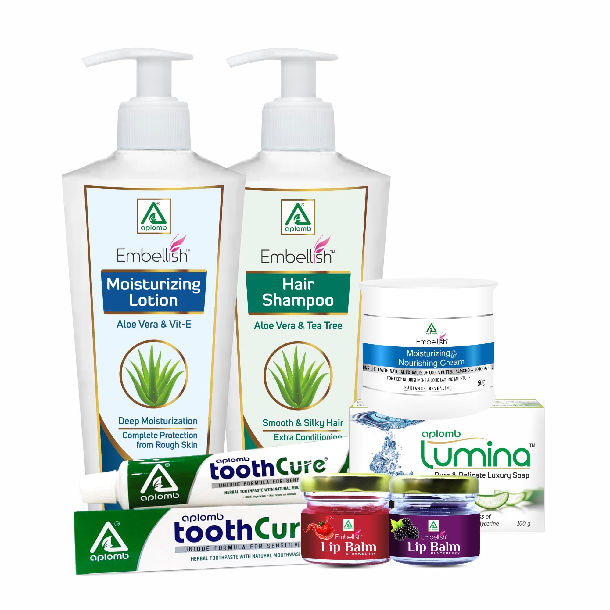 Aplomb Embellish Personal Care Essential Kit Combo Pack (Moisturizing Lotion, Hair Shampoo, Moisturizing Cream, Herbal Toothpaste, Soap, Strawberry Lip Balm, Blackberry Lip Balm)-image-36