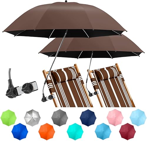 Miniatura 19 de Paquete de 2 paraguas de playa con abrazadera, paraguas ajustable de 360° para silla, paraguas UPF50+ para silla de playa, silla de patio, silla de