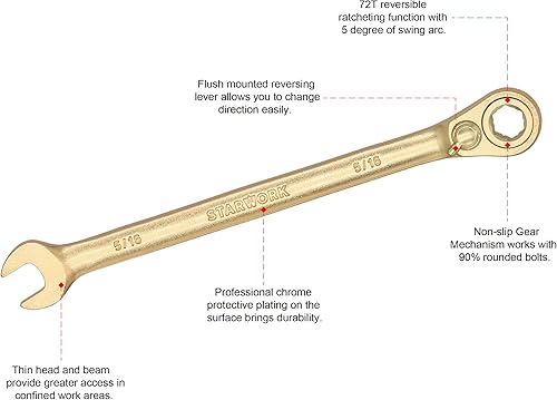 Miniatura 10 de Llave combinada de trinquete SAE de 6 puntos con desplazamiento de 15, reversible, antideslizante, patrón largo, 12 pulgada