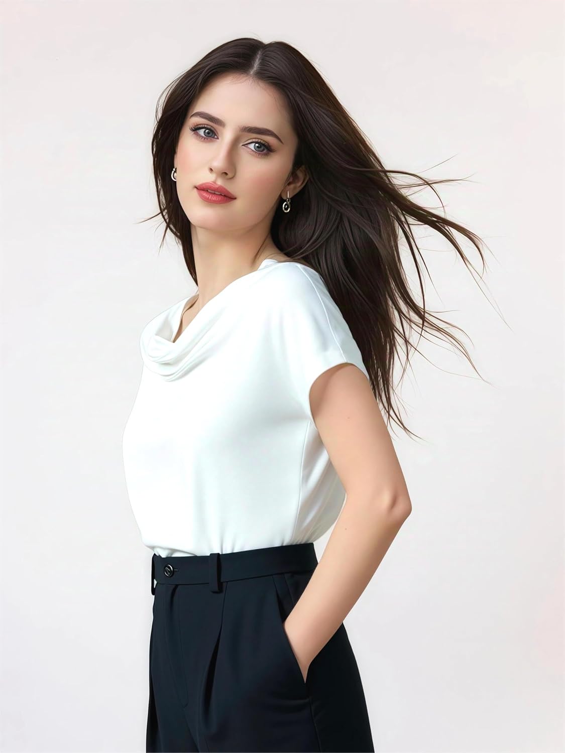 Mettclasi Women's Silk Satin Cowl Neck Short Sleeve Top, Elegant Dressy Casual Summer Blouse Shirt Solid T-Shirt - Image 2