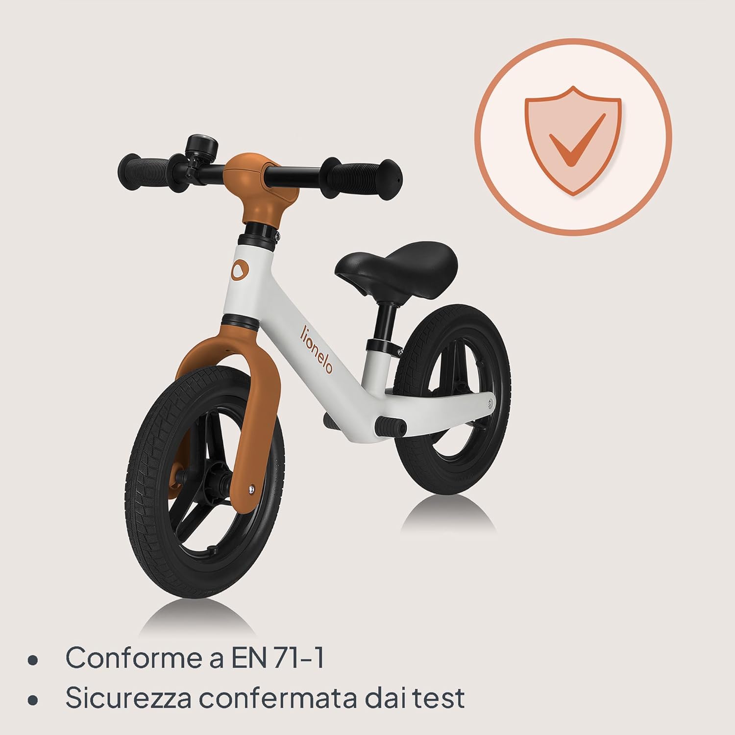 Lionelo Toni Balance Bike with a safety shield icon, indicating compliance with EN 71-1 standards