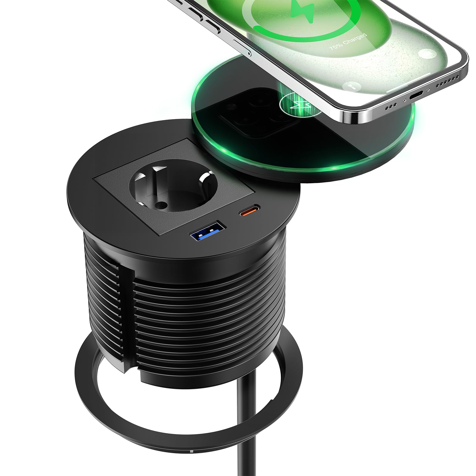 Multiprise Encastrable USB C PD 30W avec Chargeur sans Fil 15W, Prise Encastrable Plan de Travail USB C, Bloc Prise Escamotable pour Meubles, Cuisine, Bureau 2M Câble, Diamètre 80mm, Noir