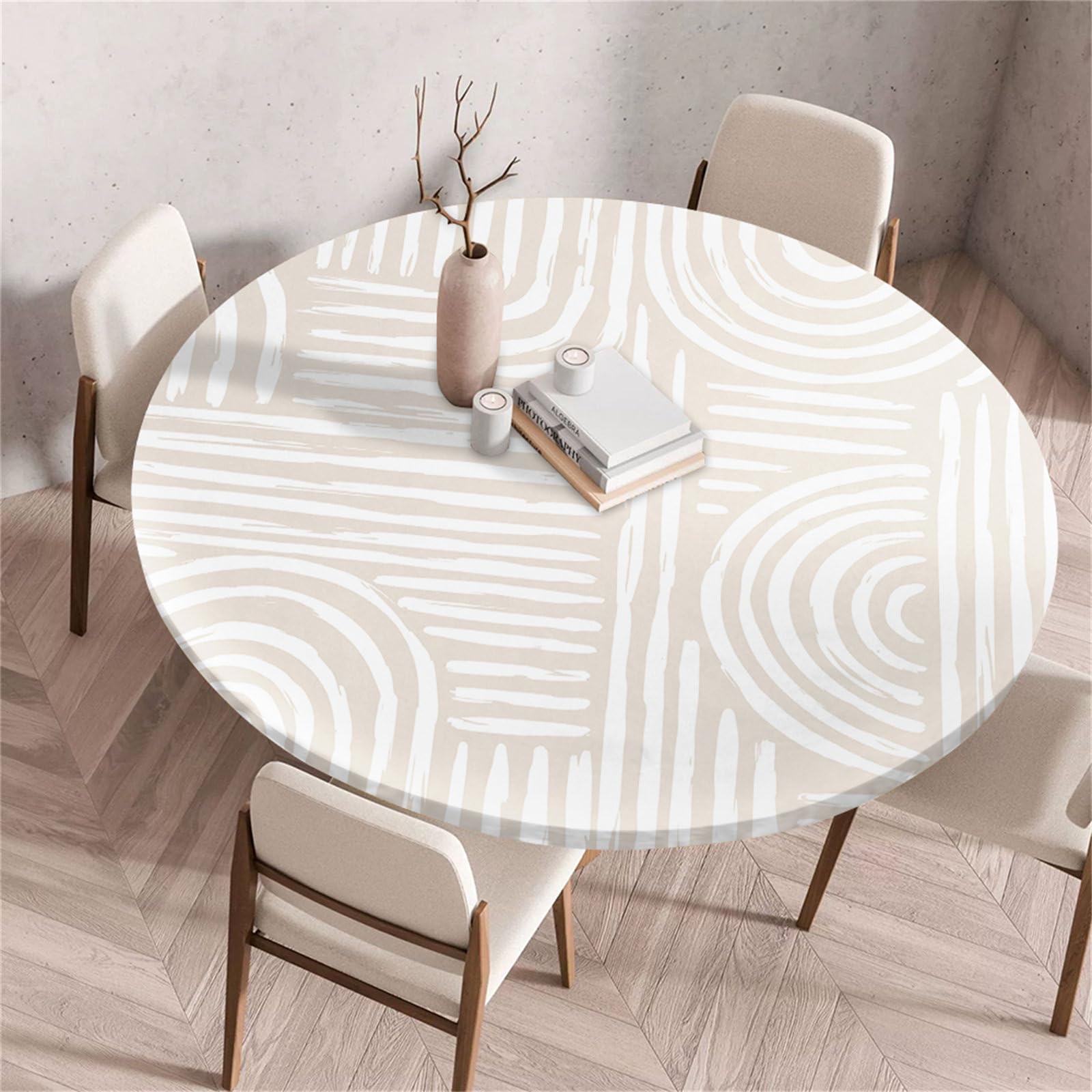 Treer Round Tablecloth, Geometric Texture Wipeable Round Table Cloth, Washable Table Protector, Elastic Edged Fitted Backed Table Cover for Dinning Room Kitchen Picnic Party (Beige,100cm)