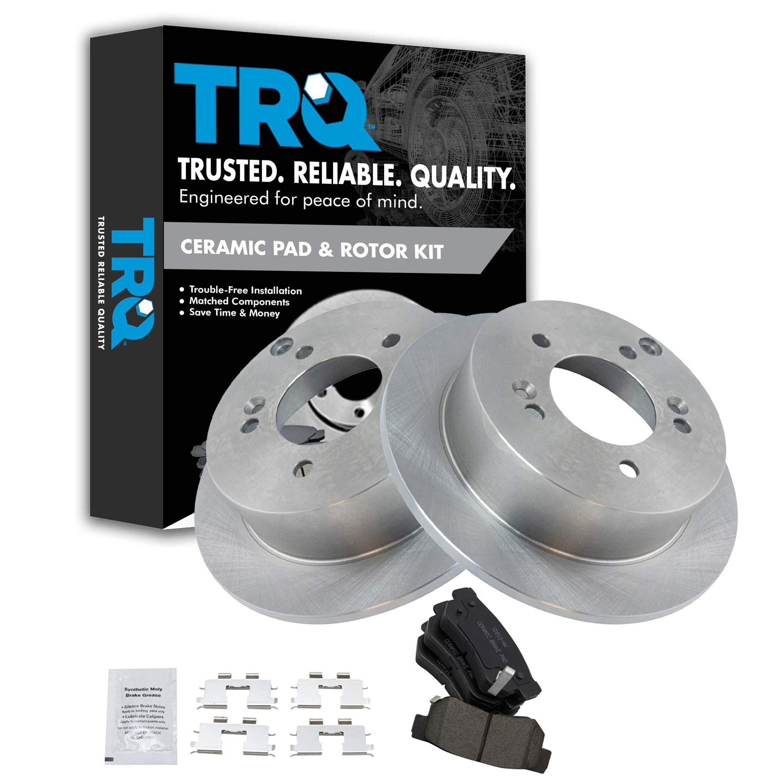 TRQ Rear Brake Pad & Rotor Kit Brake Pads Brake Rotor Ceramic Compatible with 2006-2008 Hyundai Sonata 2005-2009 Tucson 2001 XG300 2002-2005 XG350 2006-2010 Kia Optima 2005-2010 Sportage