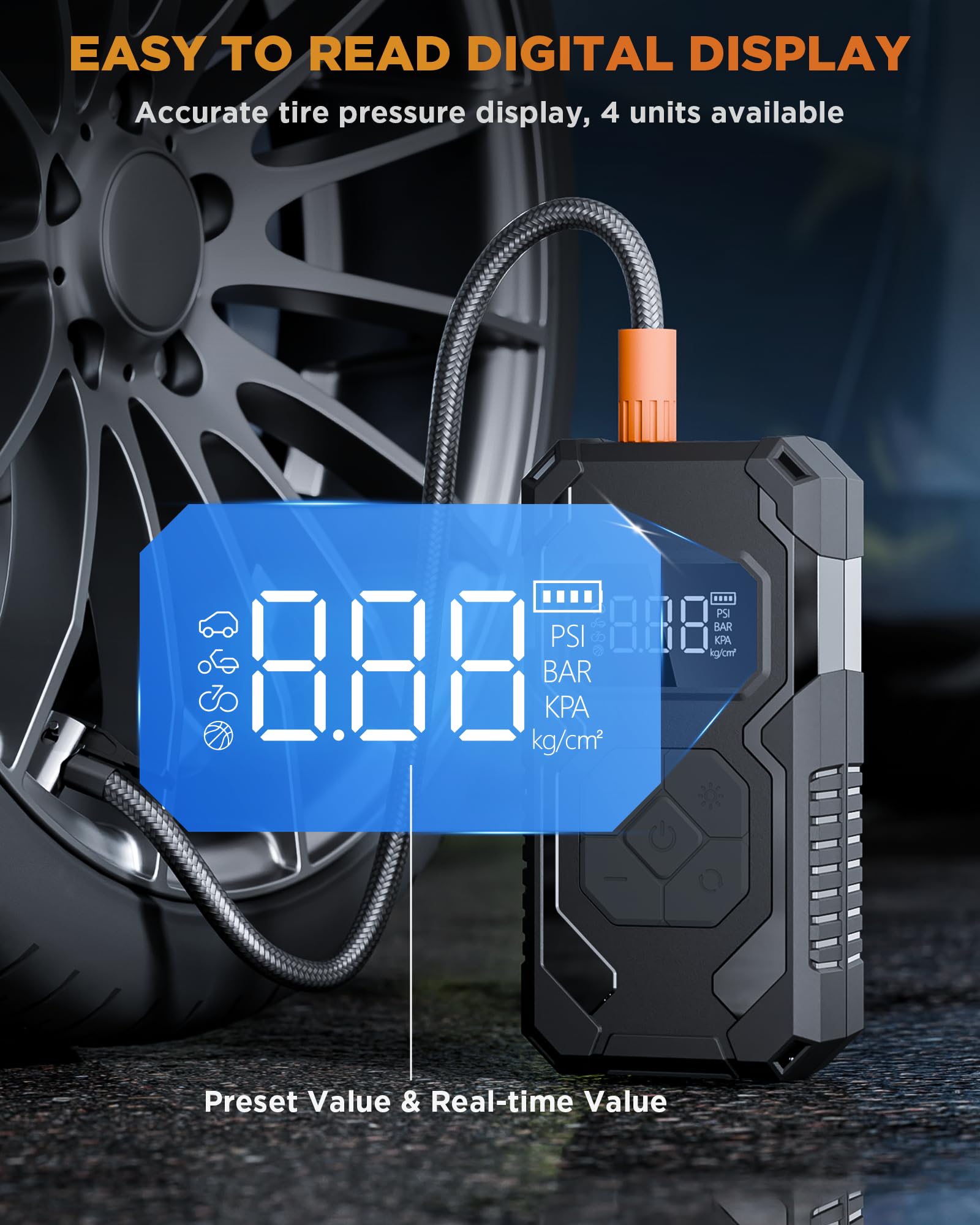 Tire Inflator Compressore Aria Portatile Senza Fili 150PSI, Batteria Ricaricabile con Manometro Digitale, Auto Spegnimento e Luce LED, Gonfiatore Elettrico per Auto, Moto, Bici, Palloni, Nero