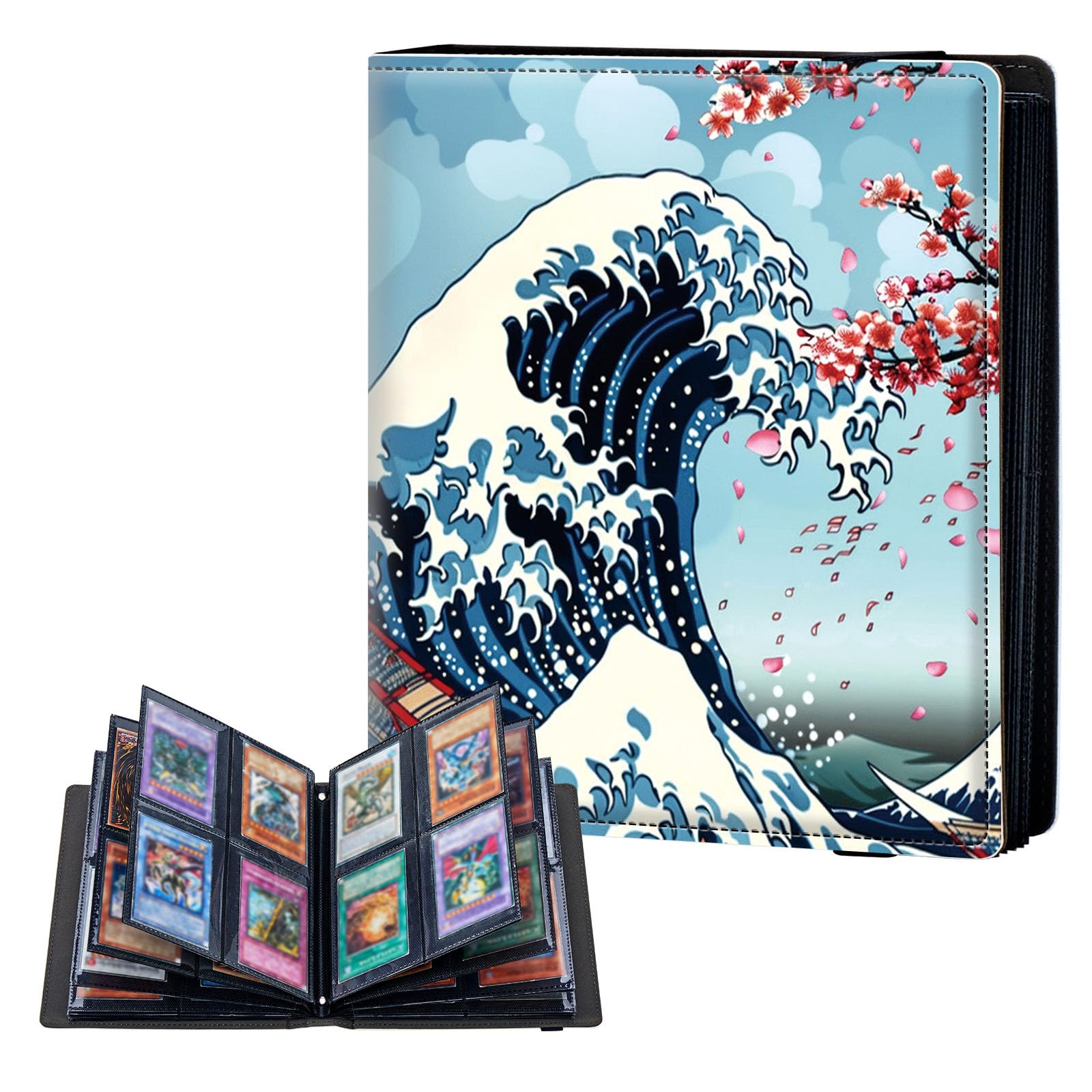 ETLKJVBL 4 Pocket Trading Card Binder, Card Collection Binder for TCG, MTG, Sports Cards, Baseball, Great Wave Cherry Blossoms Trading Card Book Holder for Collectors, Top Loader Binder