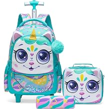Kids Rolling Unicorn Backpack for Girls Trolley Suitcases Luggage Travel with Wheels Bookbag Wheeled 17" 3PCS Roller Backpacks Set Toddler Back Pack School Bags for Elementary Green